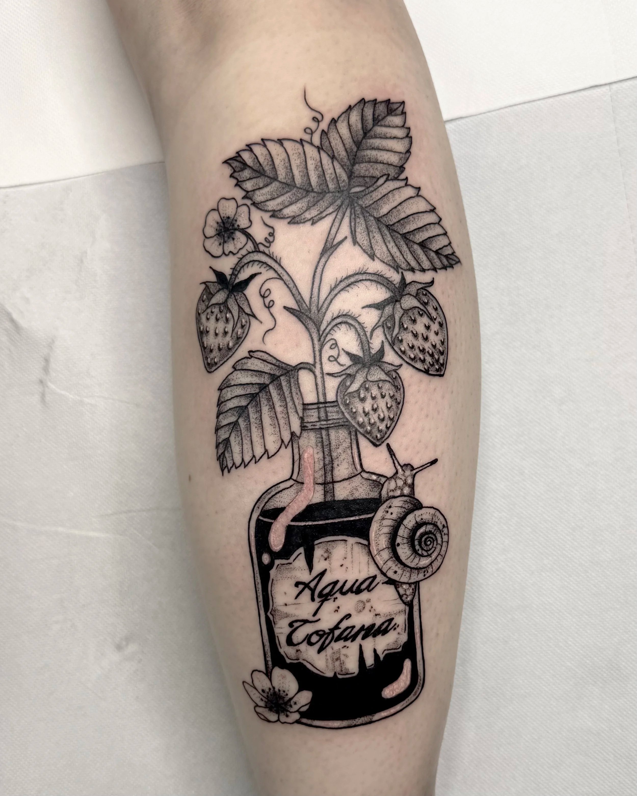 Giftflasche mit Erdbeerpflanze · Dark Illustratives Blackwork Tattoo · The Art of Judy · Frankfurt am Main