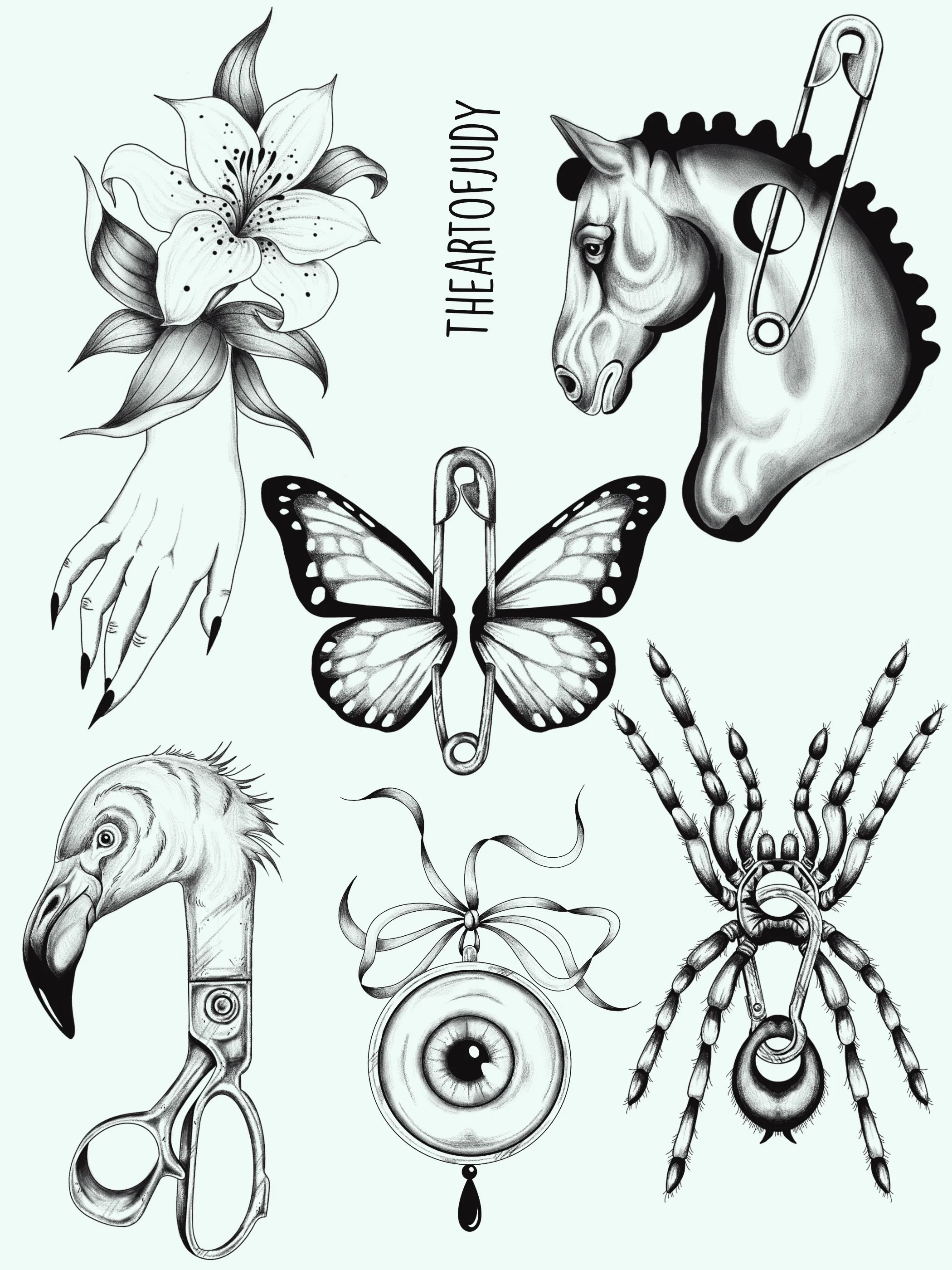 Schmetterling mit Sicherheitsnadel · Pferd · Spinne · Surreales Wannado Flash Sheet · Illustratives Blackwork Tattoo · The Art of Judy · Frankfurt am Main