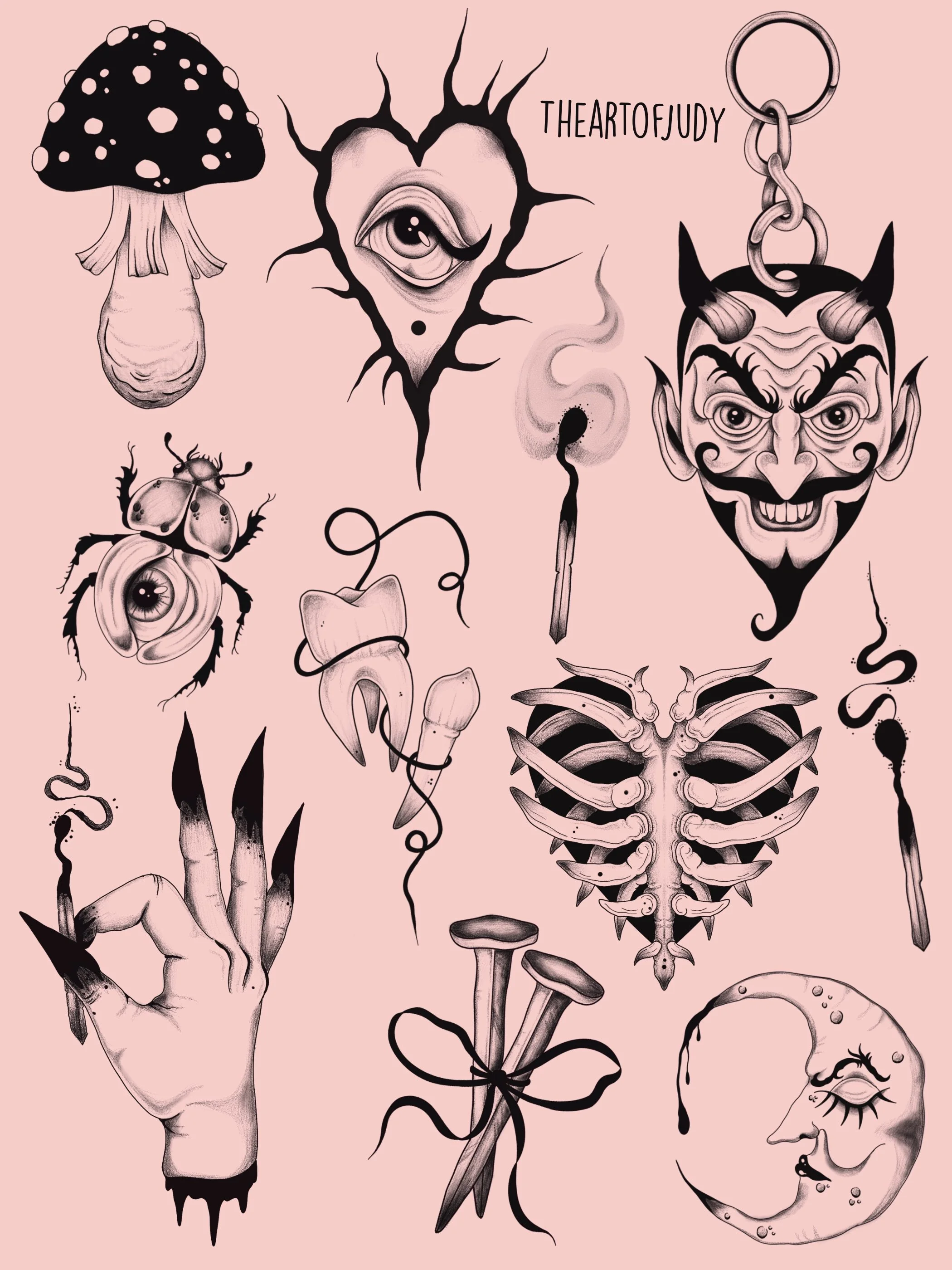 Teufel · Skelett Brustkorb · Fliegenpilz · Herz mit Auge · Dark Wannado Flash Sheet · Illustratives Blackwork Tattoo · The Art of Judy · Frankfurt am Main