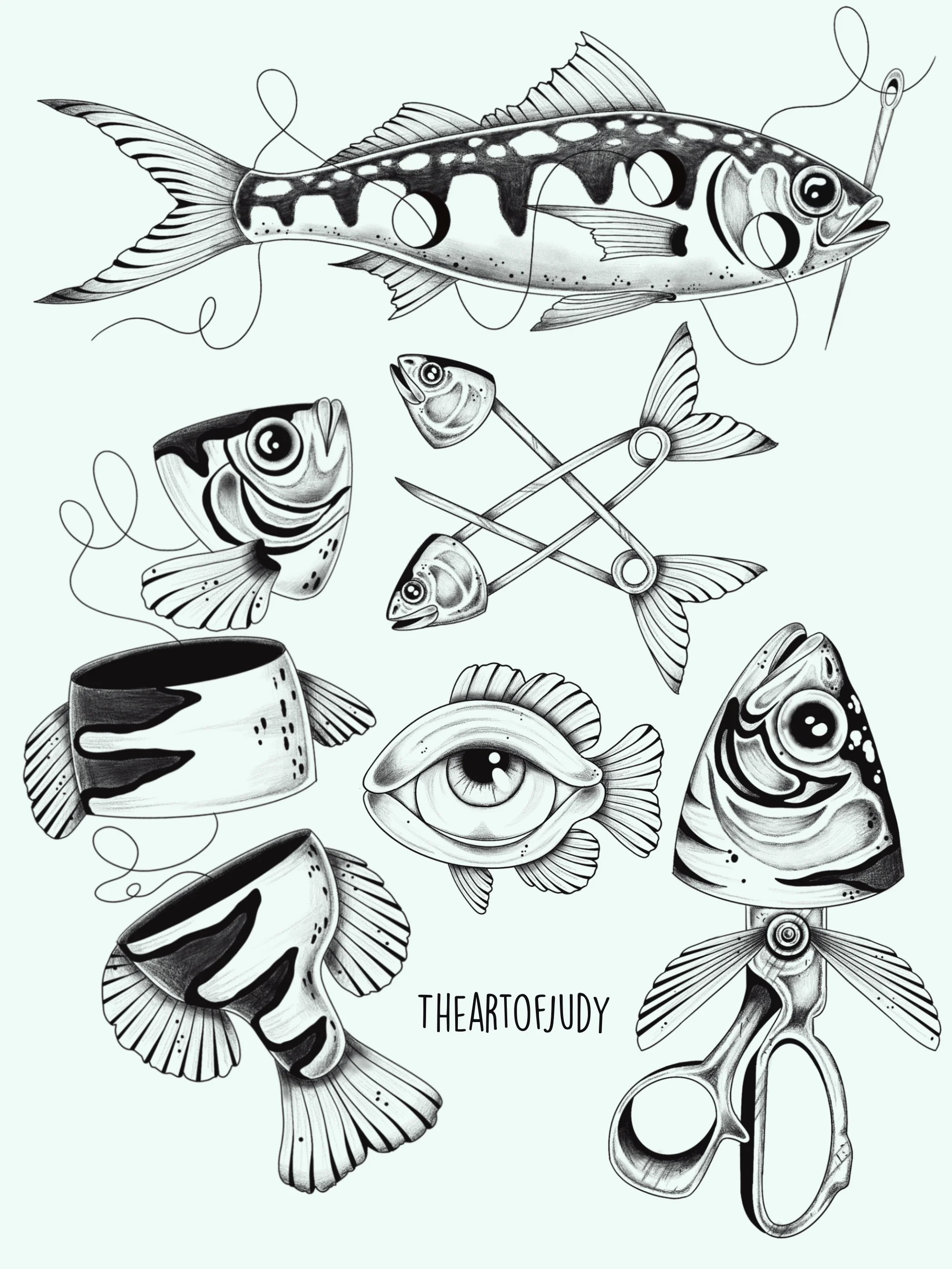 Makrele · Fisch Wannado Flash Sheet · Surreales Illustratives Blackwork Tattoo · The Art of Judy · Frankfurt am Main