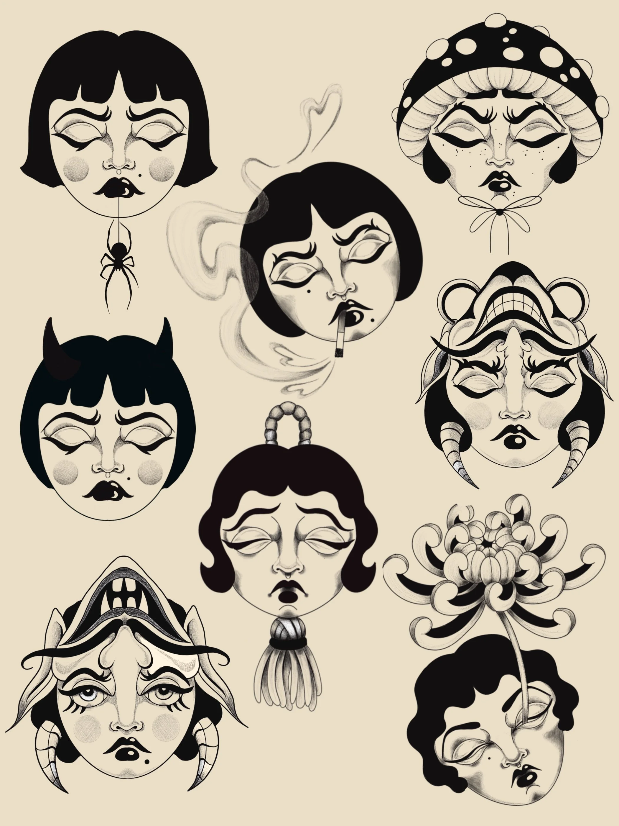 Surreale Vintage Frauenportraits mit Teufelshörnern · Pilzmütze · Spinne · Cute Surreales Wannado Flash Sheet · Illustratives Blackwork Tattoo · The Art of Judy · Frankfurt am Main
