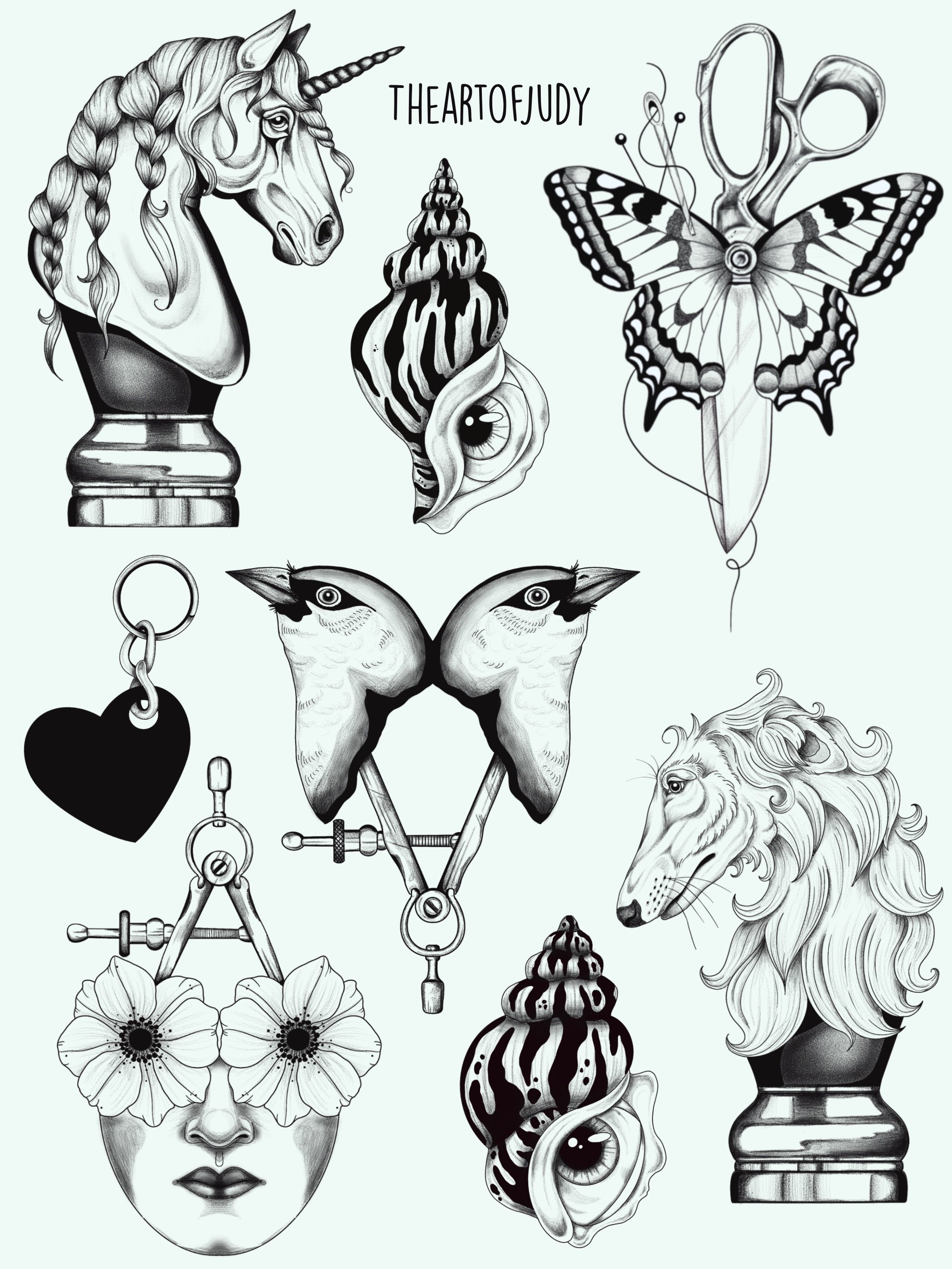 Einhorn und Löwe Schachfigur · Augmuschel · Surreales Wannado Flash Sheet · Illustratives Blackwork Tattoo · The Art of Judy · Frankfurt am Main
