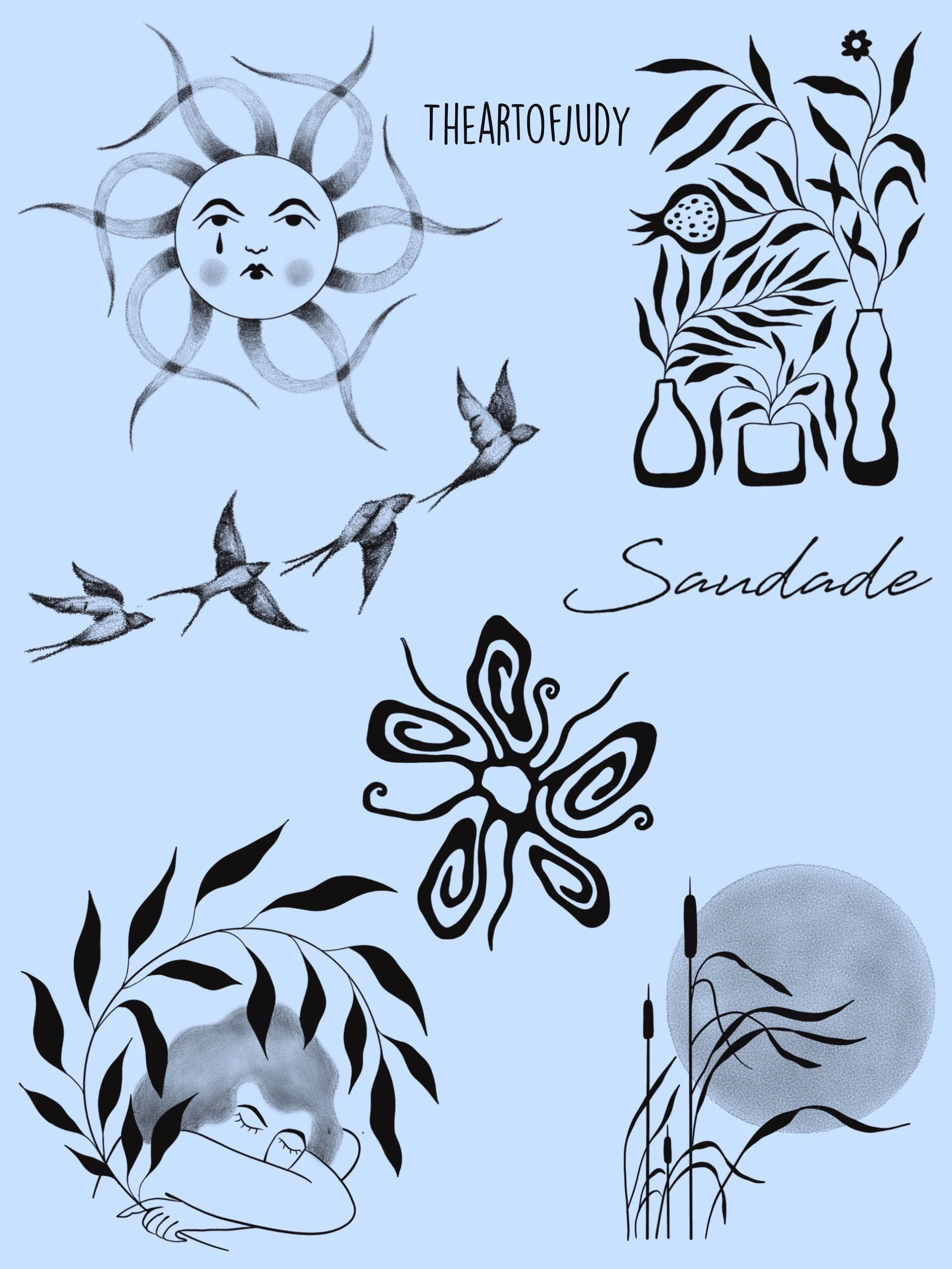 Sonne · Schwalben · Saudade Schriftzug · Schmetterling · Stripped Illustratives Blackwork Tattoo · The Art of Judy · Frankfurt am Main