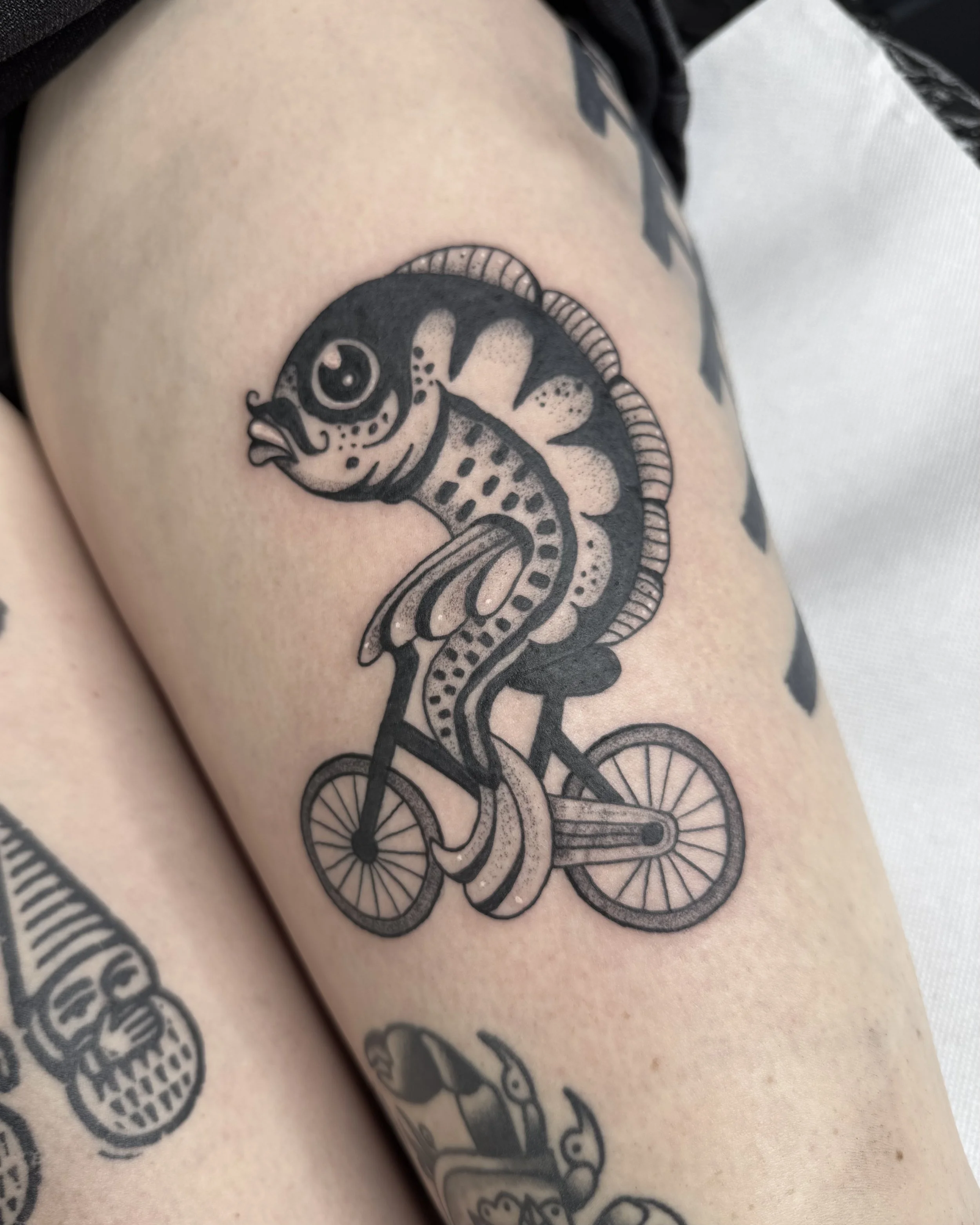 Fisch auf Fahrrad · Cute Illustratives Blackwork Tattoo · The Art of Judy · Frankfurt am Main