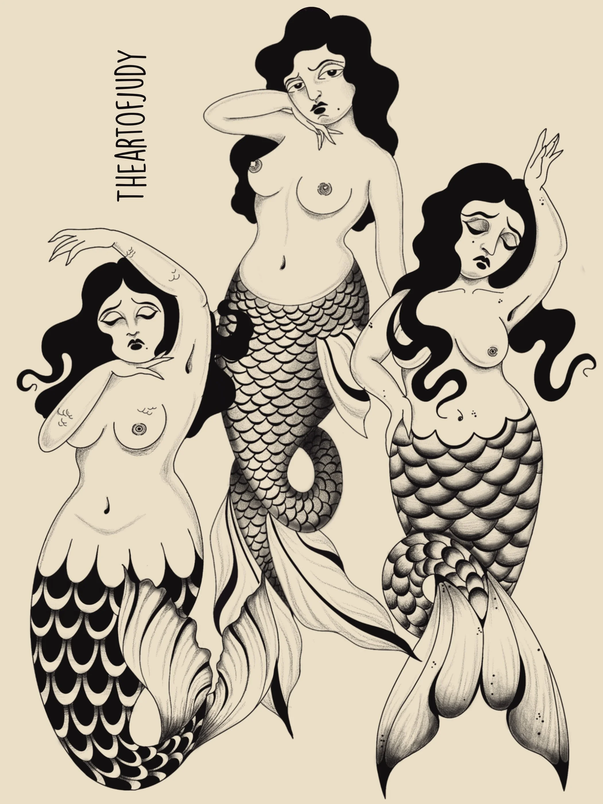 Meerjungfrauen · Sirenen · Cute Wannado Flash Sheet · Illustratives Blackwork Tattoo · The Art of Judy · Frankfurt am Main