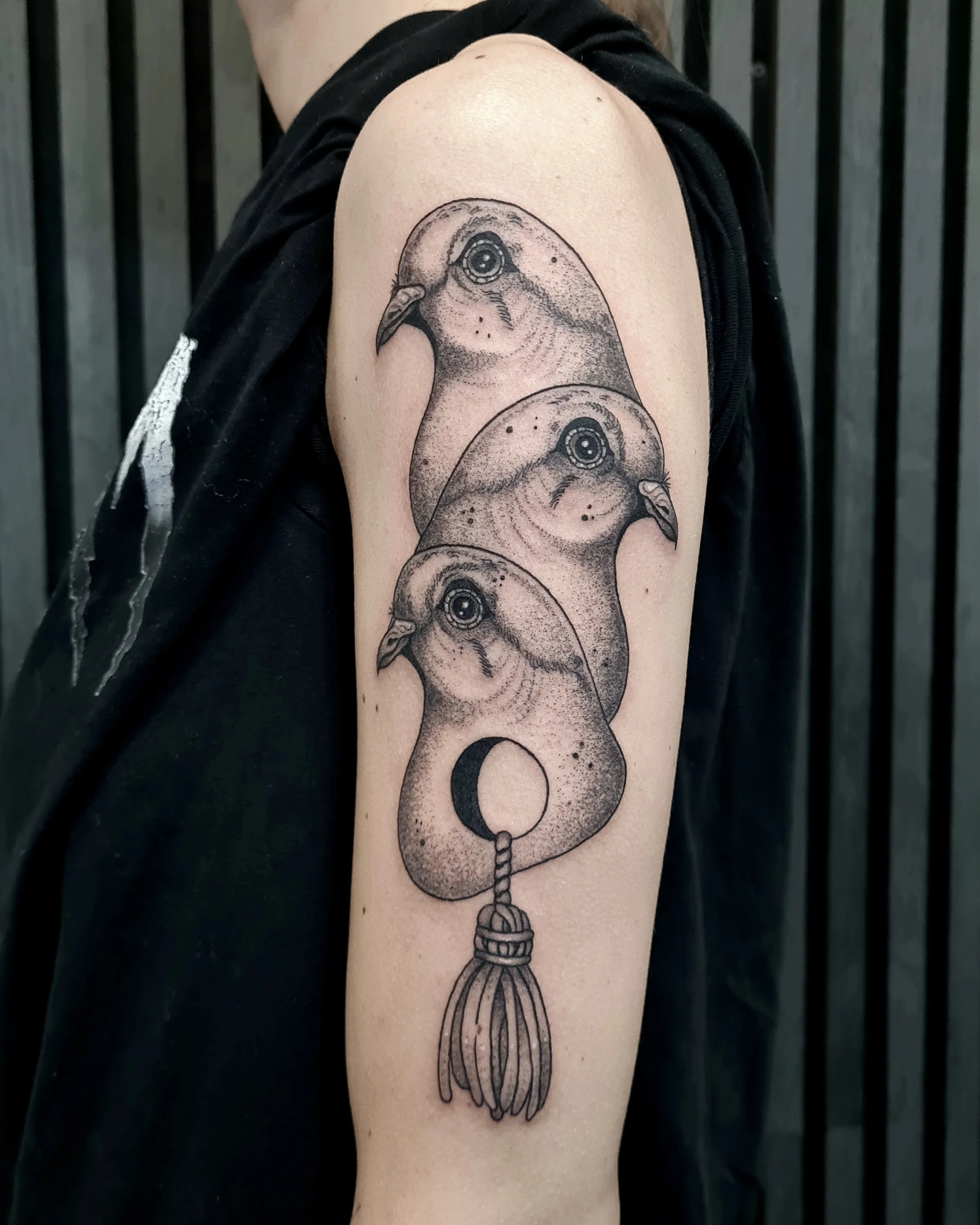 Drei Tauben mit Kordel · Surreales Illustratives Blackwork Tattoo · The Art of Judy · Frankfurt am Main