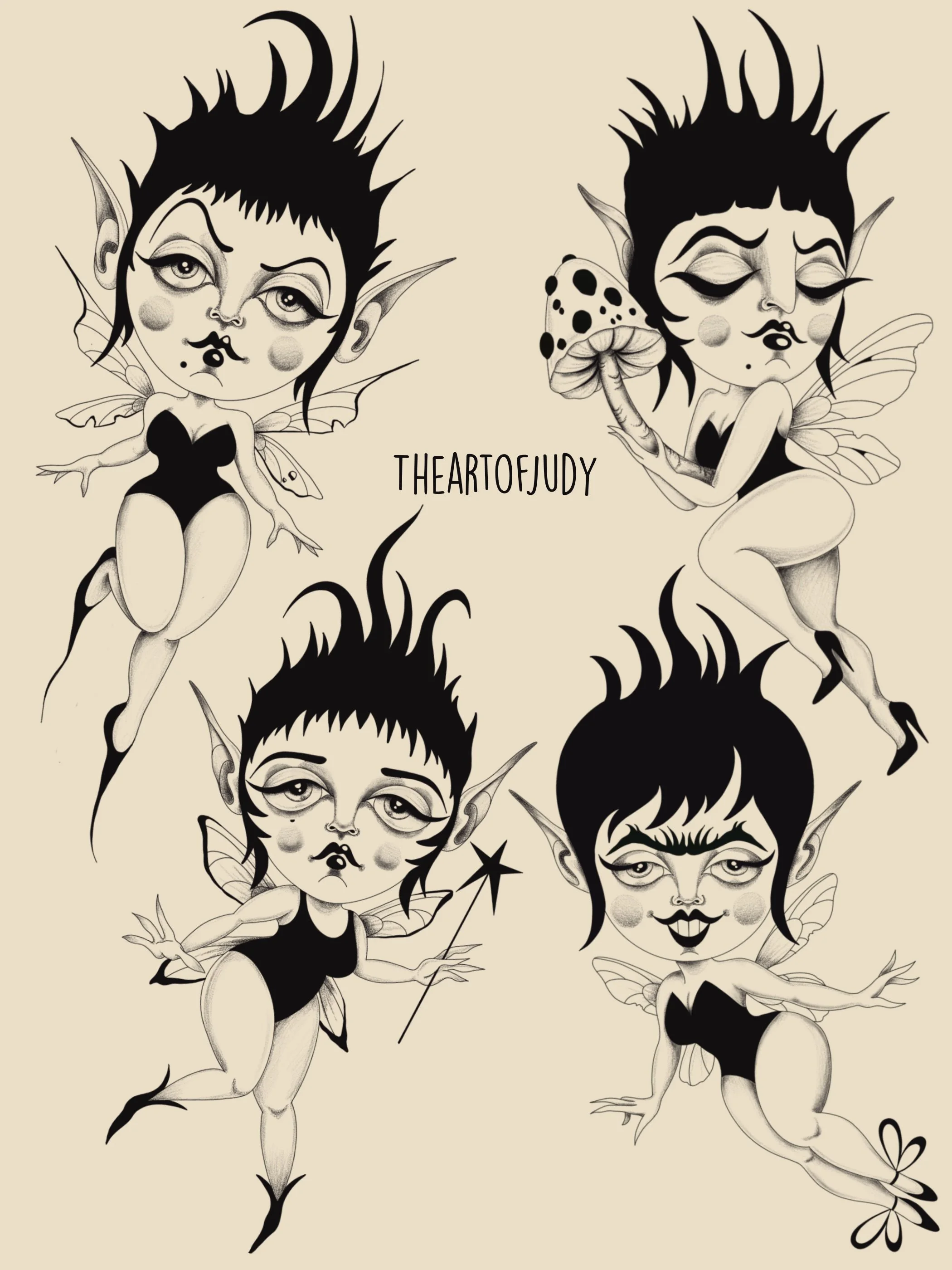 Feen mit Pilz und Zauberstab · Fairy · Cute Wannado Flash Sheet · Illustratives Blackwork Tattoo · The Art of Judy · Frankfurt am Main