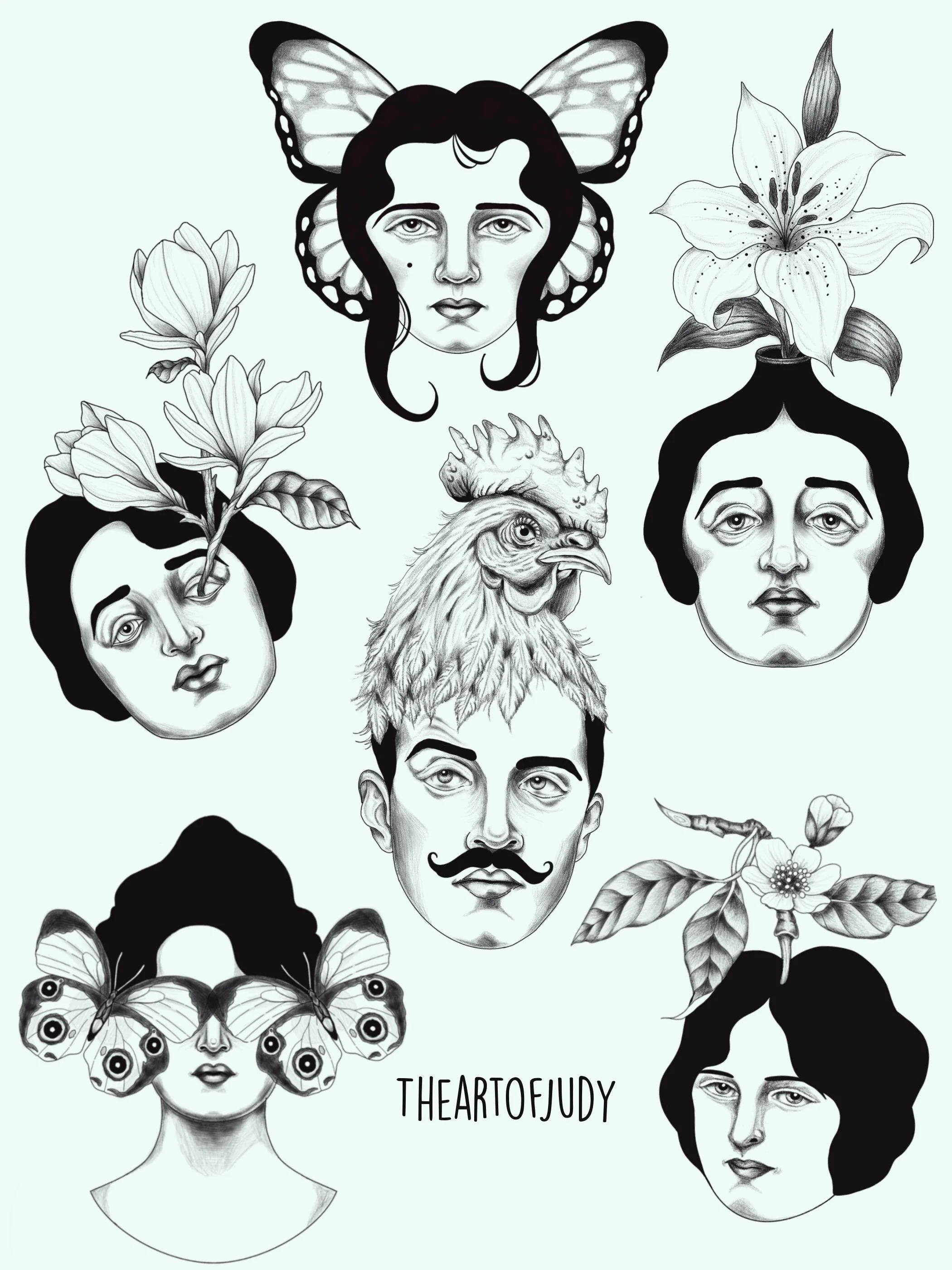 Surreale Portraits mit Schmetterling, Blumen und Hahn · Wannado Flash Sheet · Surreales Illustratives Blackwork Tattoo · The Art of Judy · Frankfurt am Main