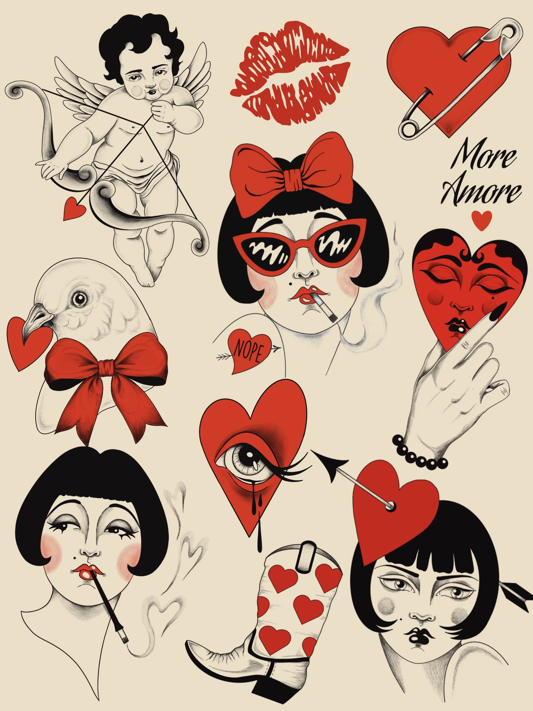 Amor · Vintage Frauen · Herzen · More Amore · Cute Illustratives Blackwork & Red Ink Wannado Flash Sheet · The Art of Judy · Frankfurt am Main