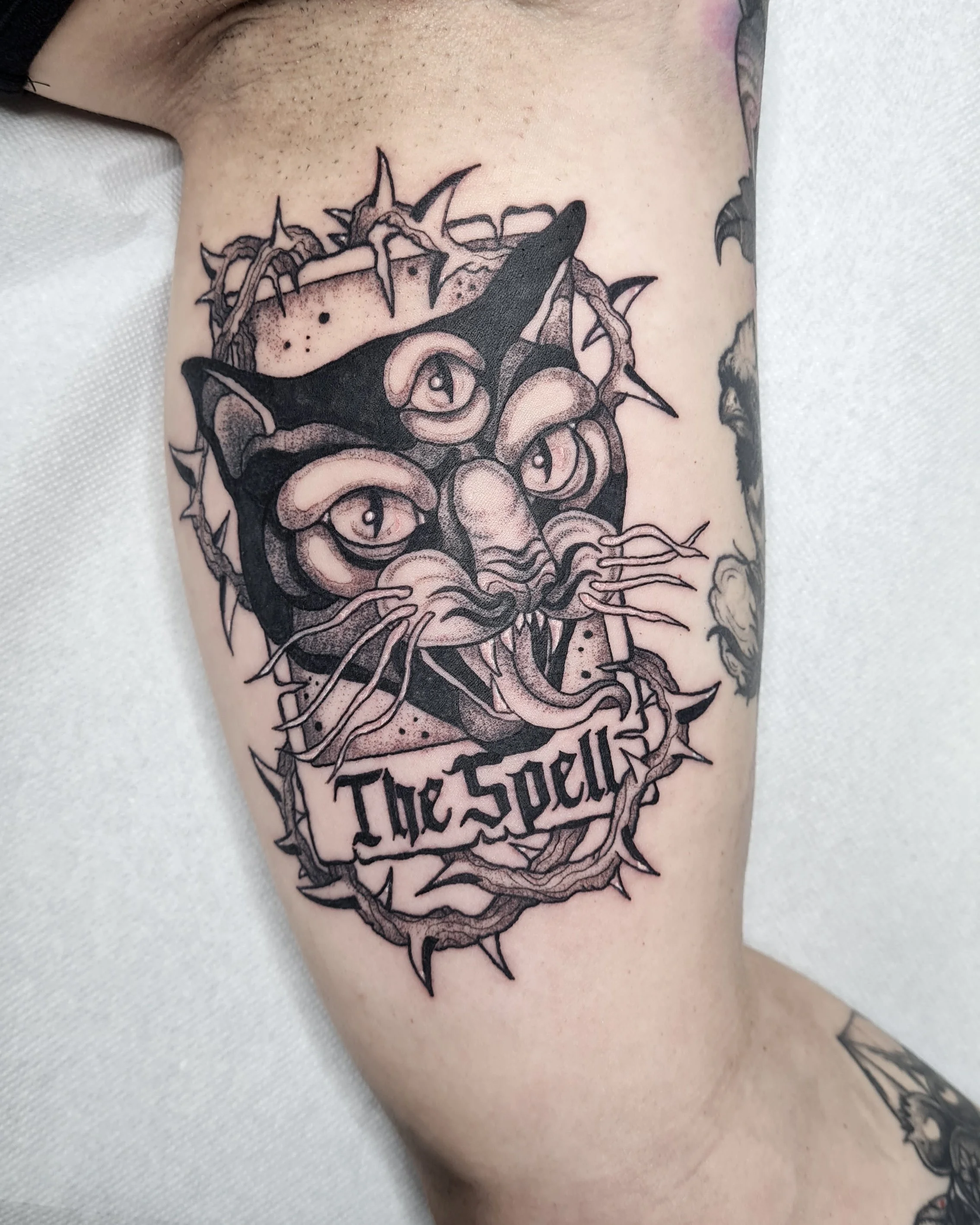 Tarotkarte mit Katzenkopf mit 3 Augen und Dornen · Dark Illustratives Blackwork Tattoo · The Art of Judy · Frankfurt am Main