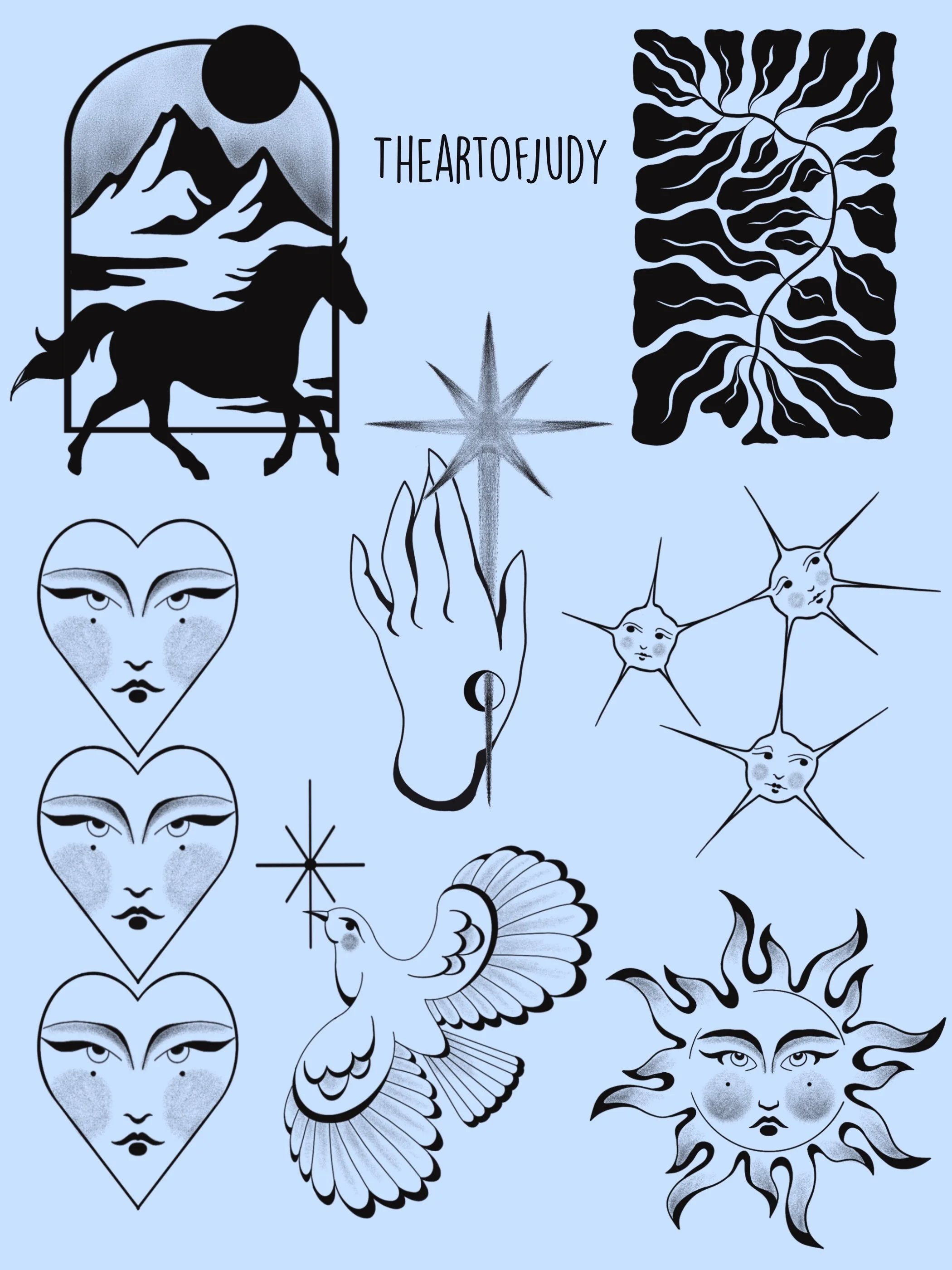 Pferd mit Bergen · Herzgesichter · Taube · Sonne mit Gesicht · Stripped Illustratives Blackwork Tattoo · The Art of Judy · Frankfurt am Main