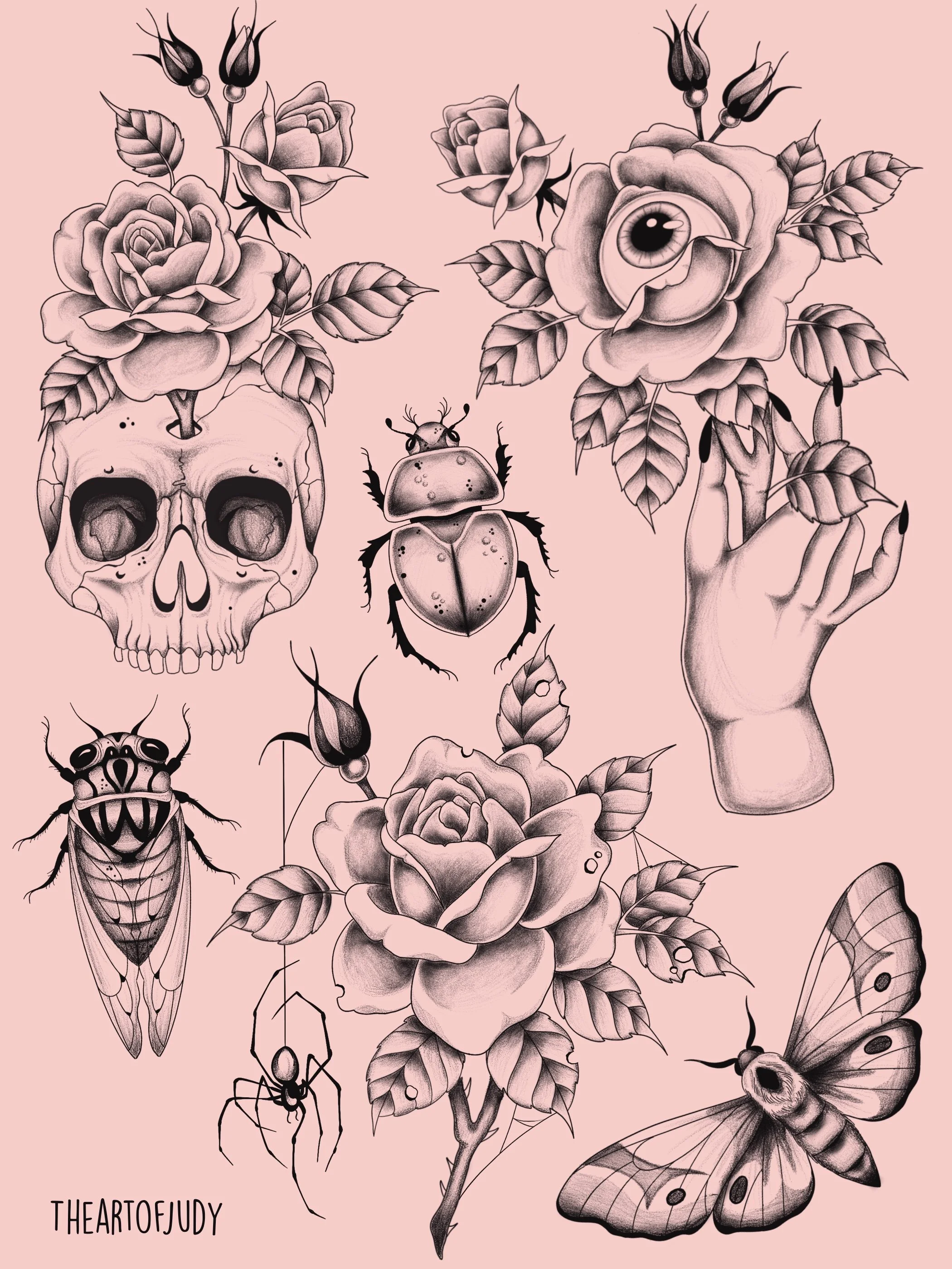 Totenkopf mit Rosen · Käfer · Zikade · Nachtfalter · Dark Wannado Flash Sheet · Illustratives Blackwork Tattoo · The Art of Judy · Frankfurt am Main