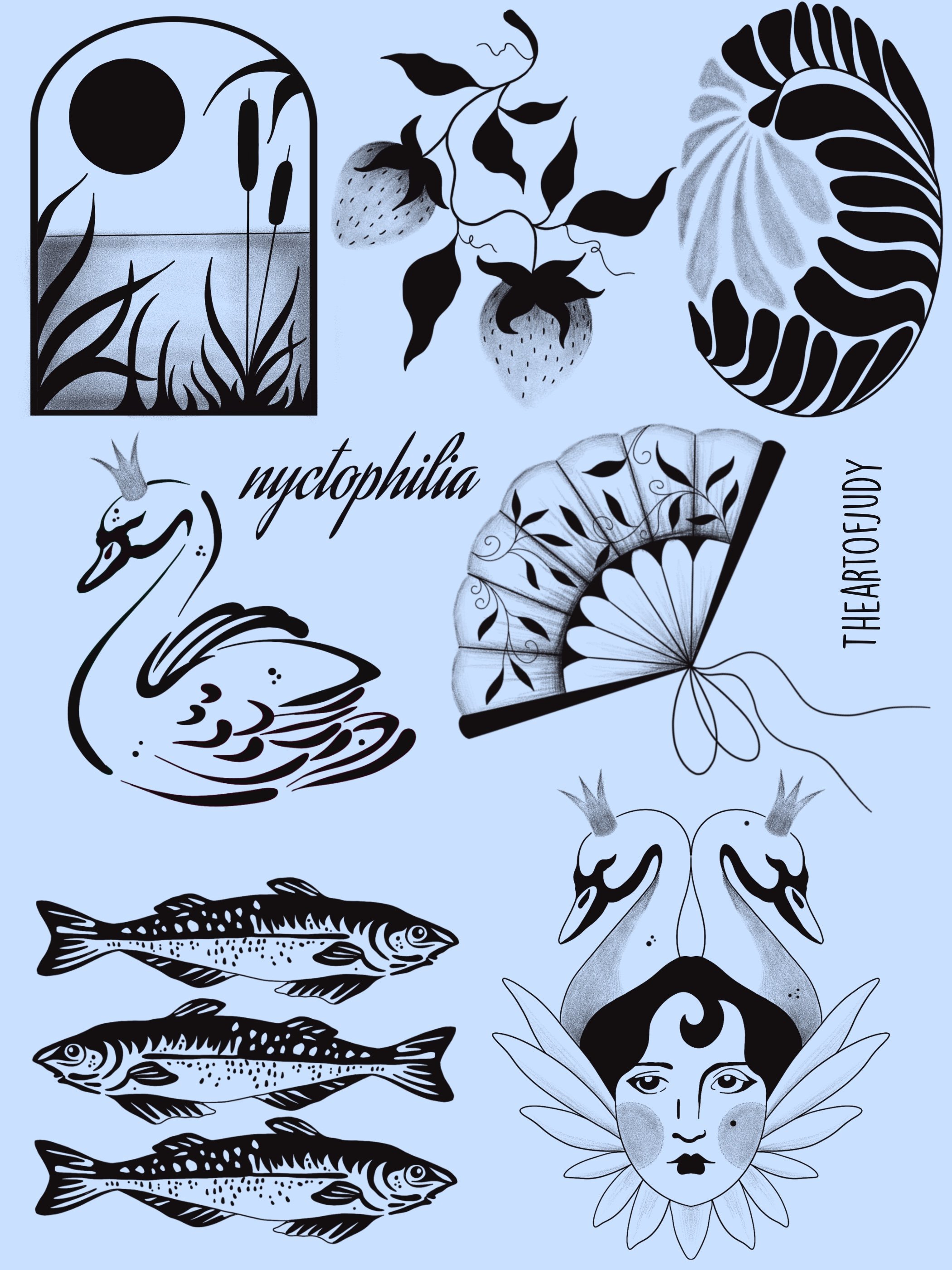 Schwan · Fische · Nyctophilia Schriftzug · Fächer · Stripped Illustratives Blackwork Tattoo · The Art of Judy · Frankfurt am Main
