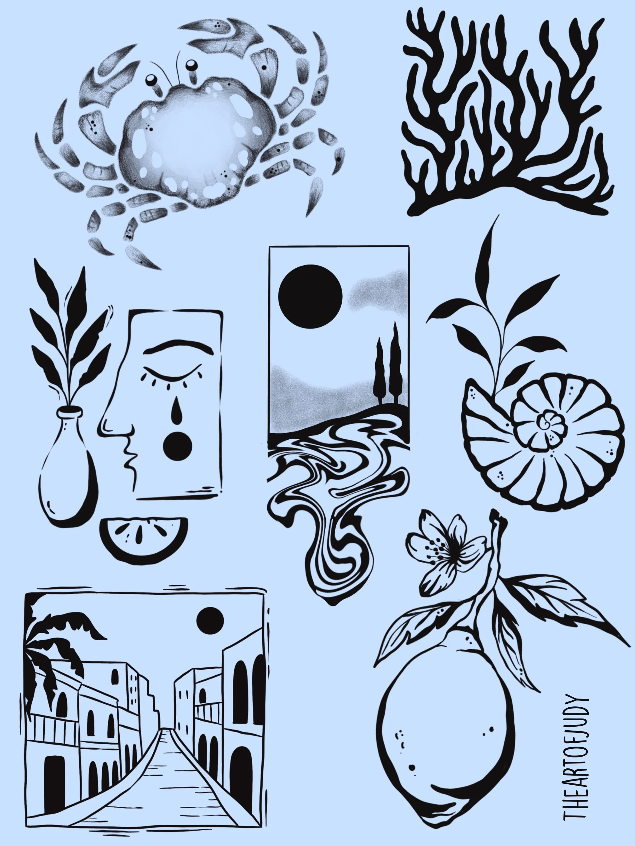 Krabbe · Koralle · Mediterrane Stadt · Zitrone · Stripped Illustratives Blackwork Tattoo · The Art of Judy · Frankfurt am Main