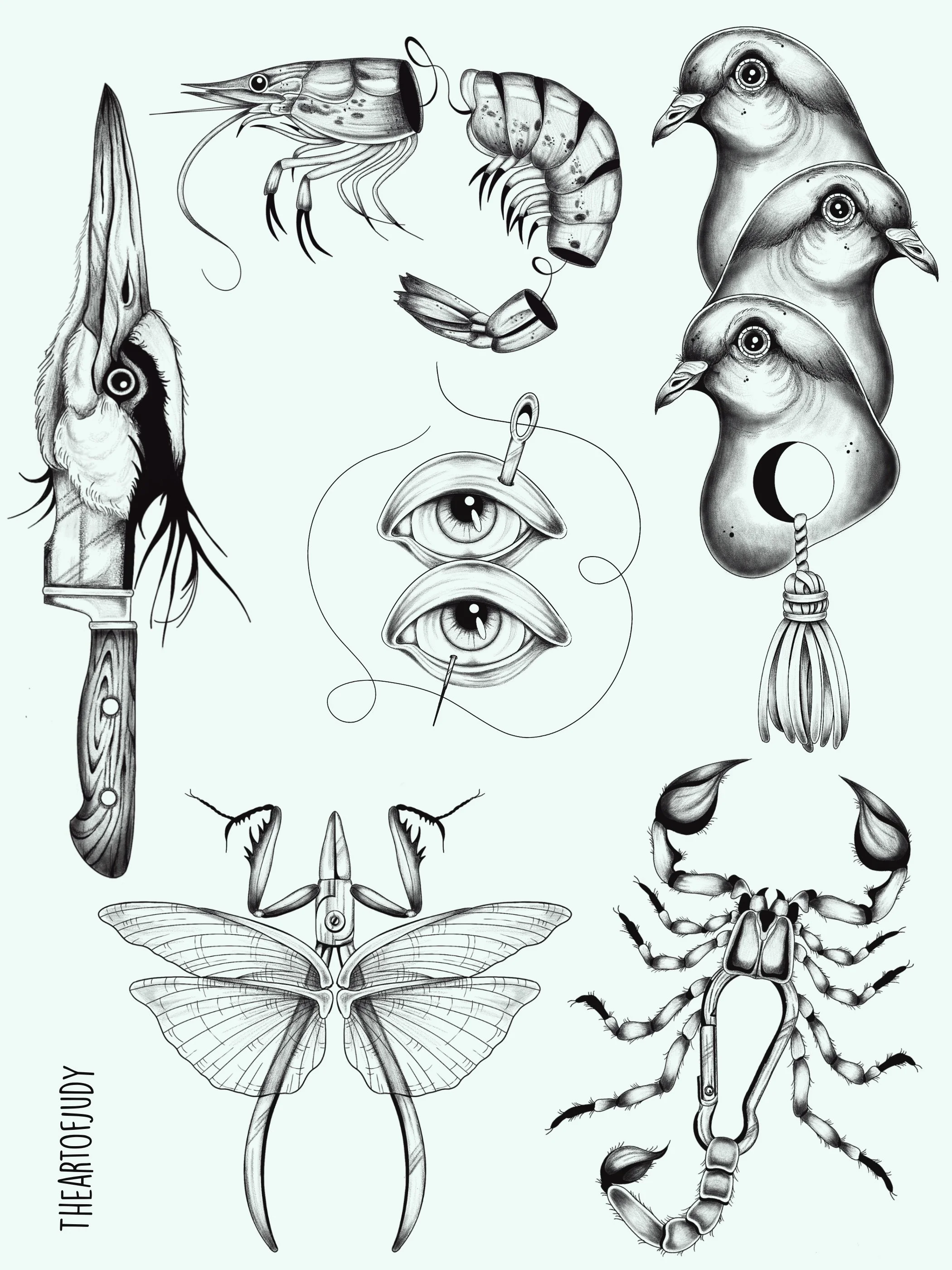 Garnele · Taube · Skorpion · Nachtfalter · Surreales Wannado Flash Sheet · Illustratives Blackwork Tattoo · The Art of Judy · Frankfurt am Main