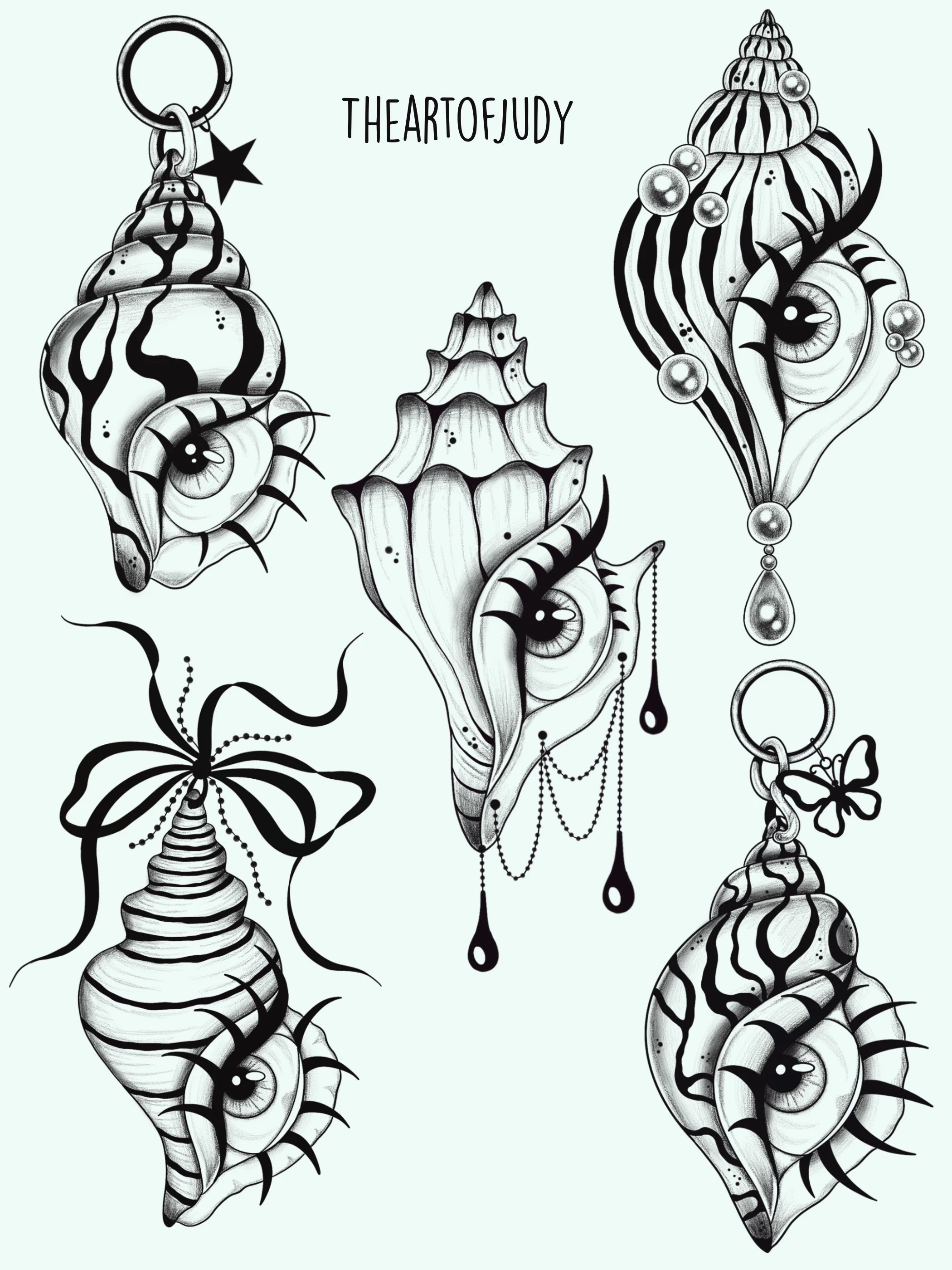 Glamoröse Augmuschel · Muschel mit Auge · Wannado Flash Sheet · Illustratives Blackwork Tattoo · Signature Piece · The Art of Judy · Frankfurt am Main