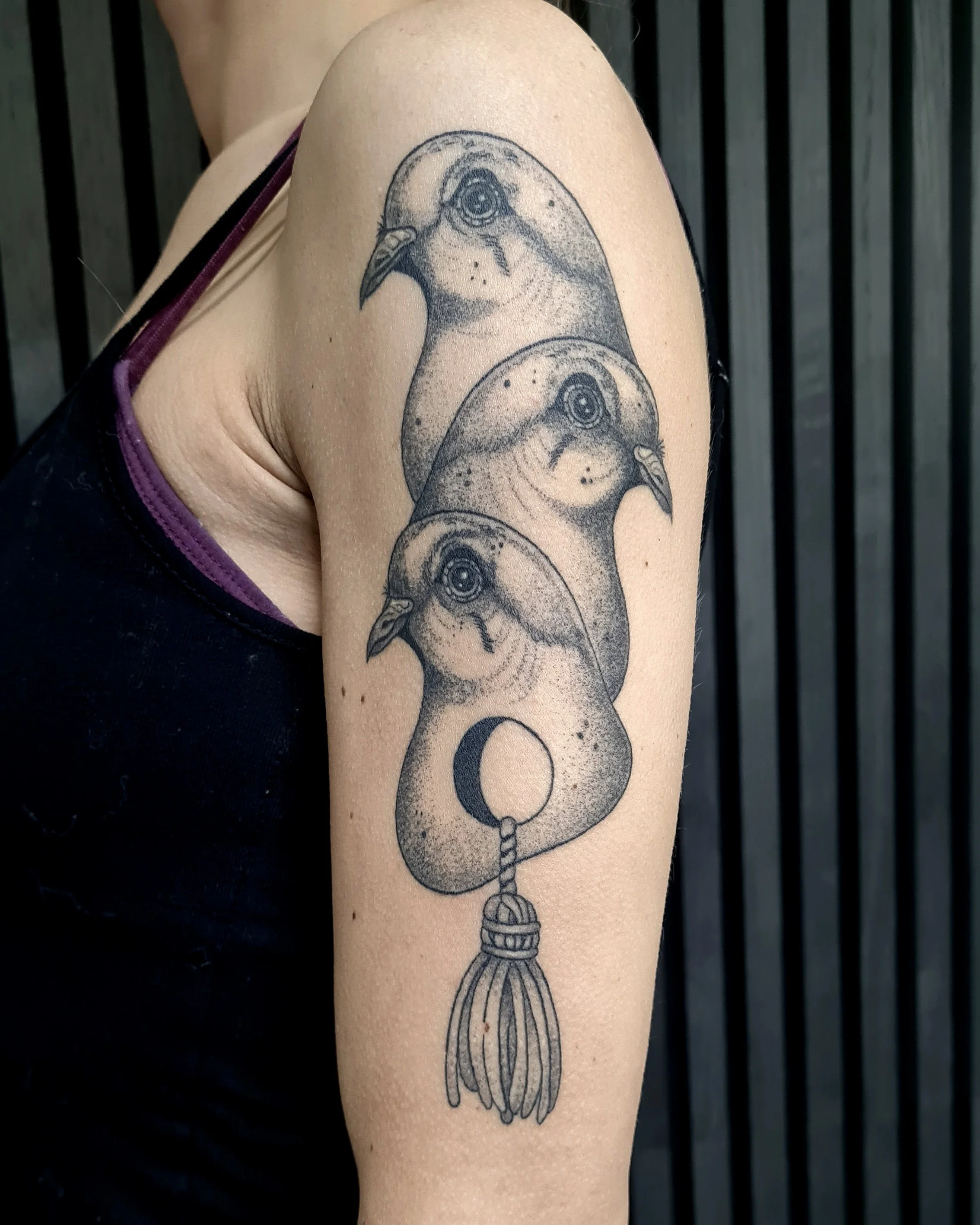 Drei Tauben mit Kordel · Surreal · Verheiltes Illustratives Blackwork Tattoo · Healed Work · The Art of Judy · Frankfurt am Main