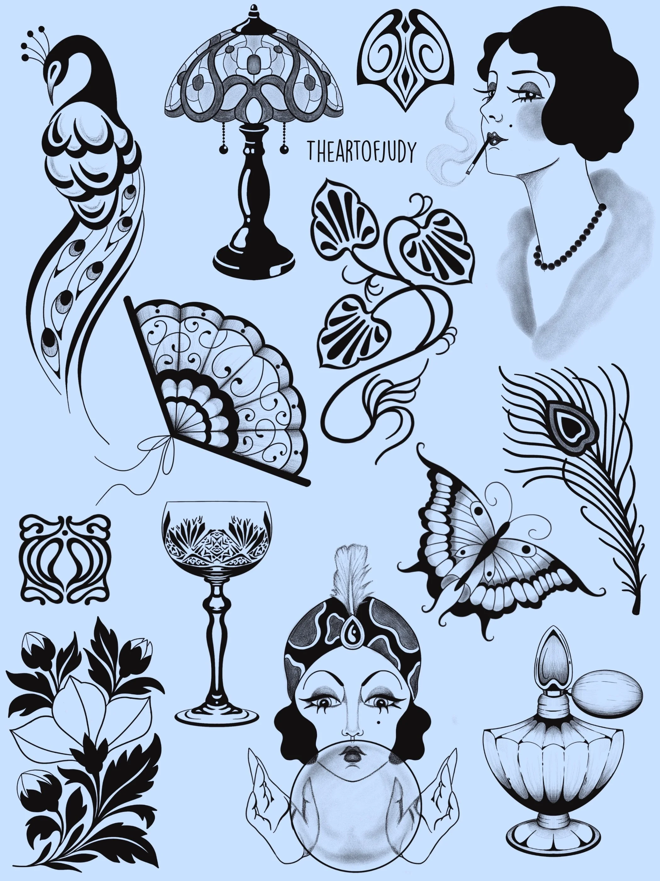 Pfau · Vintage Frau · Fächer · Kristallglas · Stripped Illustratives Blackwork Tattoo · Art Déco · The Art of Judy · Frankfurt am Main