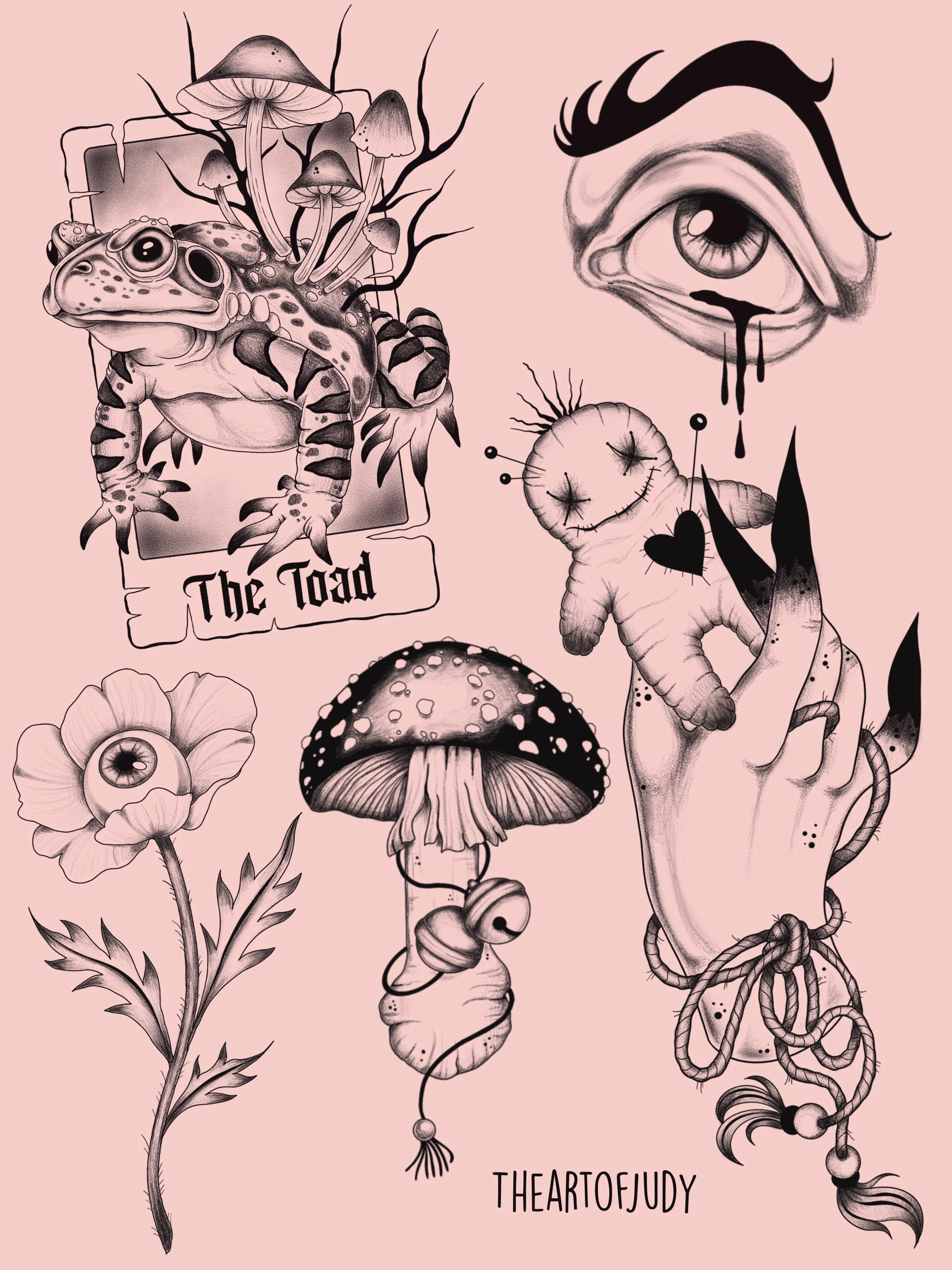 Tarotkarte The Toad · Voodoo Puppe · Fliegenpilz · Weinendes Auge · Dark Wannado Flash Sheet · Illustratives Blackwork Tattoo · The Art of Judy · Frankfurt am Main