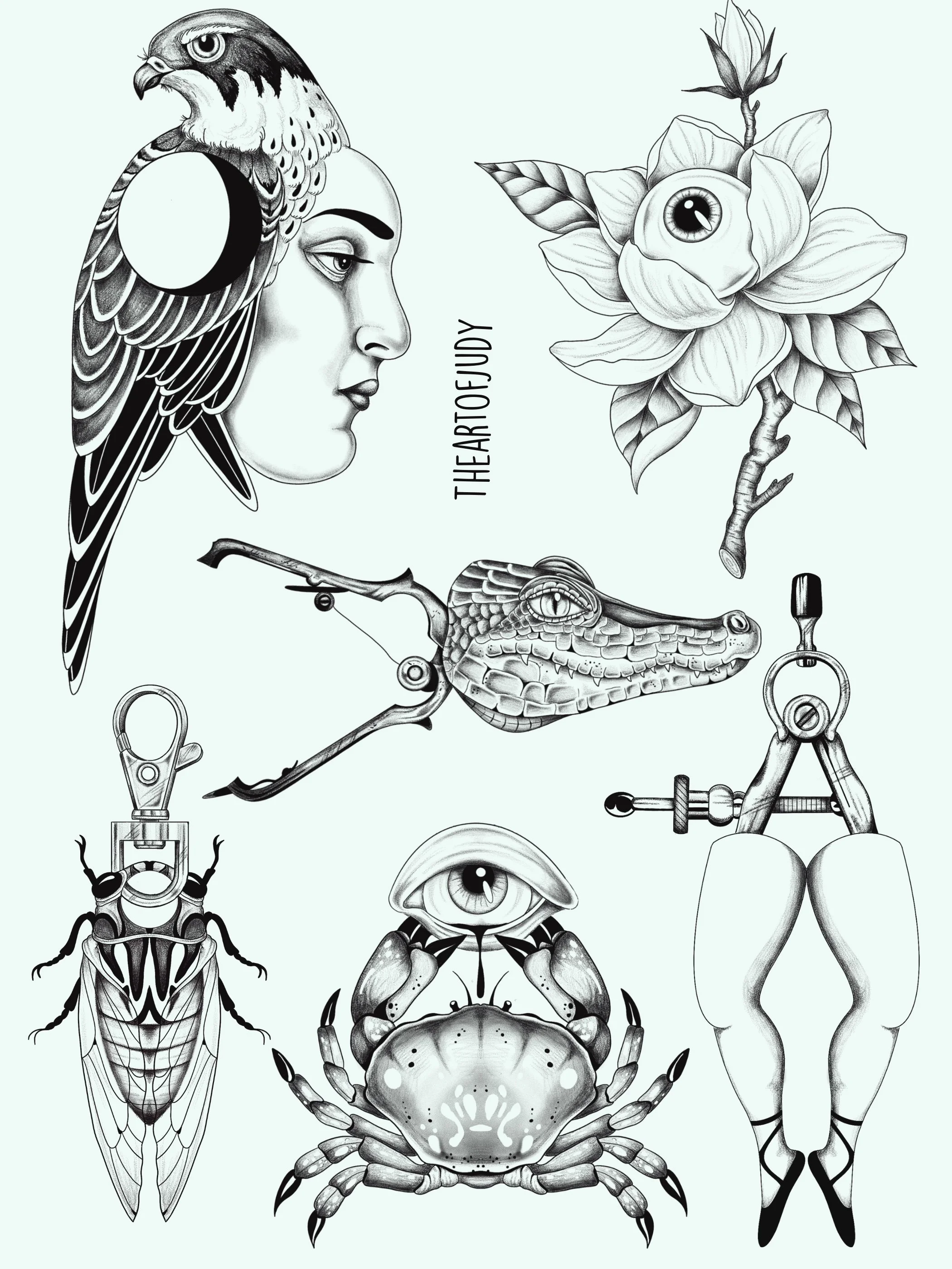 Falke mit Frauengesicht · Krabbe · Wannado Flash Sheet · Surreales Illustratives Blackwork Tattoo · The Art of Judy · Frankfurt am Main