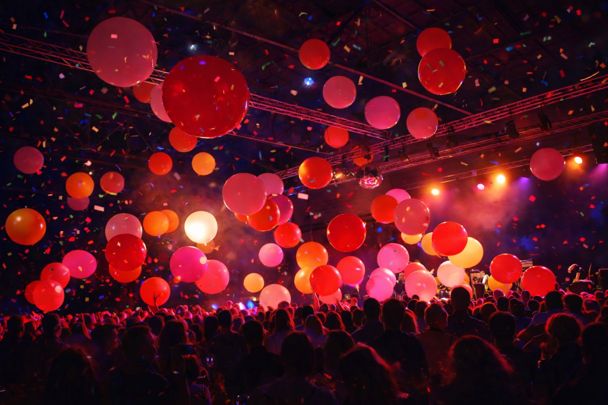 Et koncert- eller eventscene med mange mennesker, store ballonlignende genstande i røde, pink, orange og gule farver, samt konfetti, lys og røg på scenen.