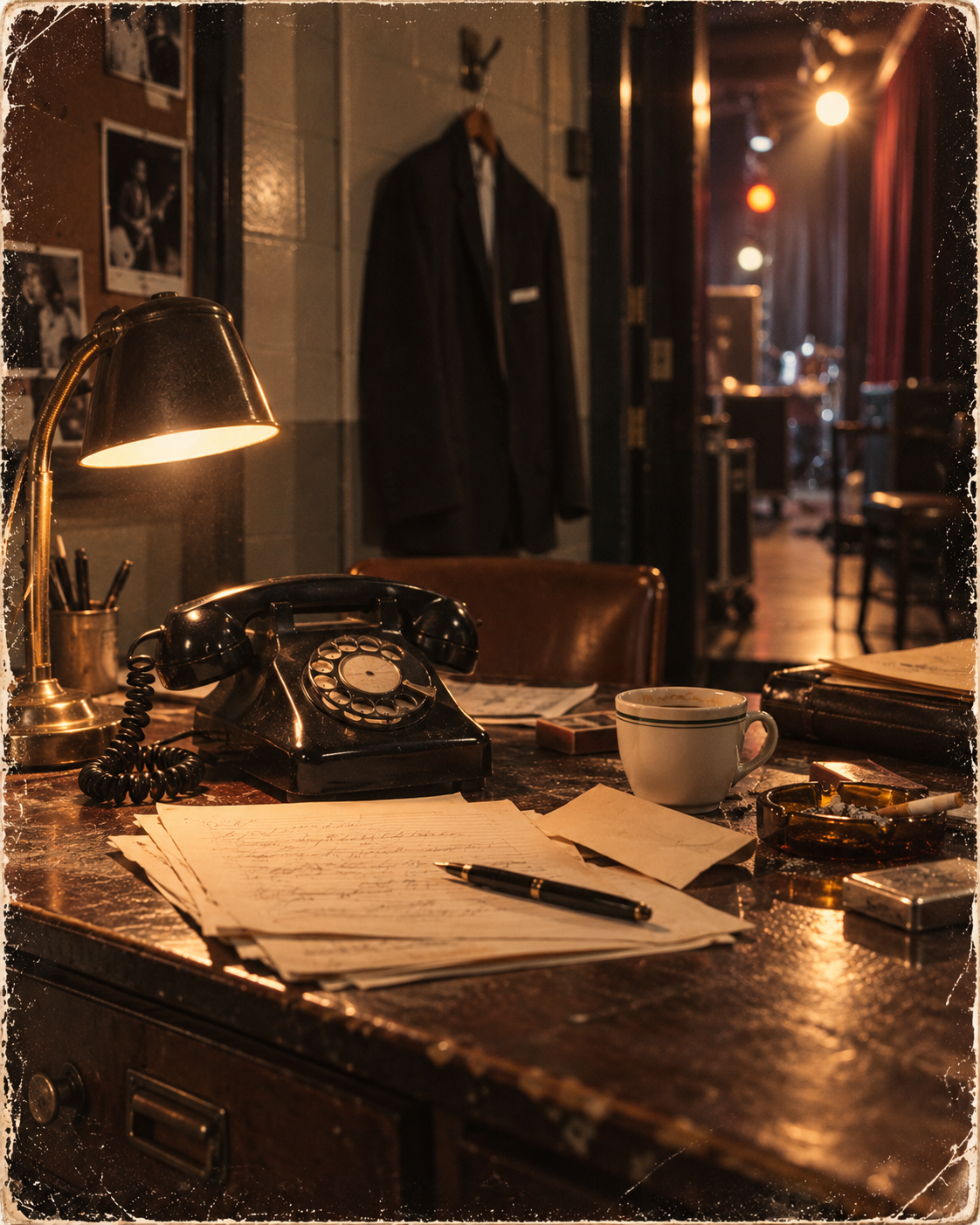 Vintage backstage desk with a rotary telephone, handwritten notes, coffee cup and glowing lamp.