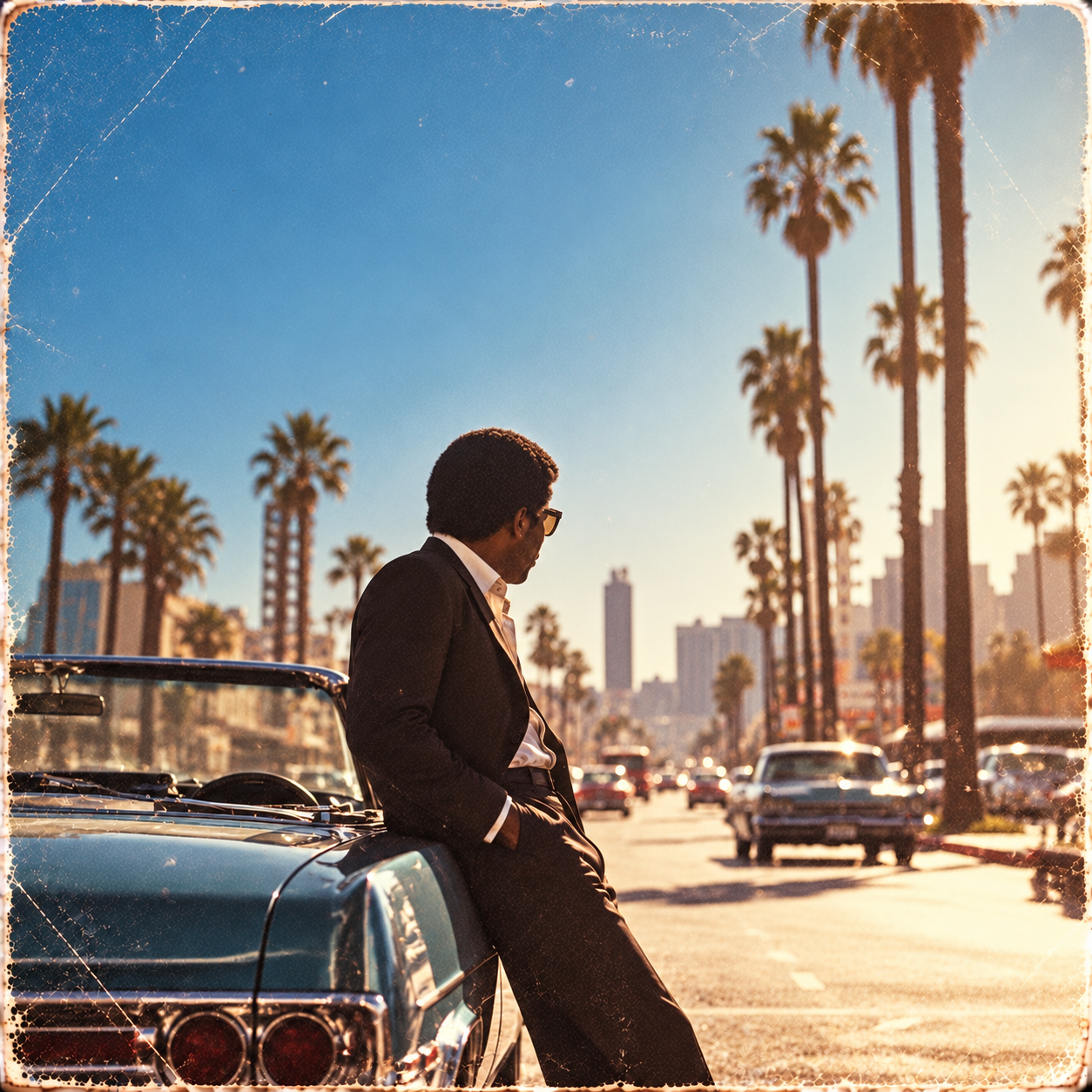 Amos St. Clair leaning against a vintage car on a sunlit, palm-lined city street.