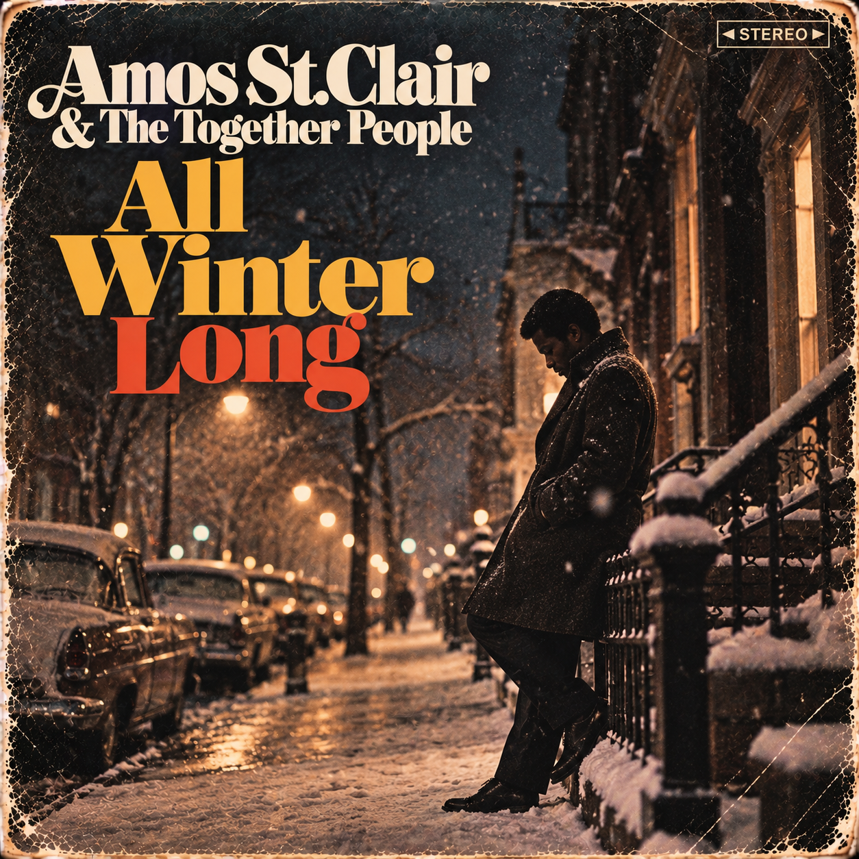 All Winter Long album cover, showing Amos St. Clair beside a snow-covered fence on a winter evening.