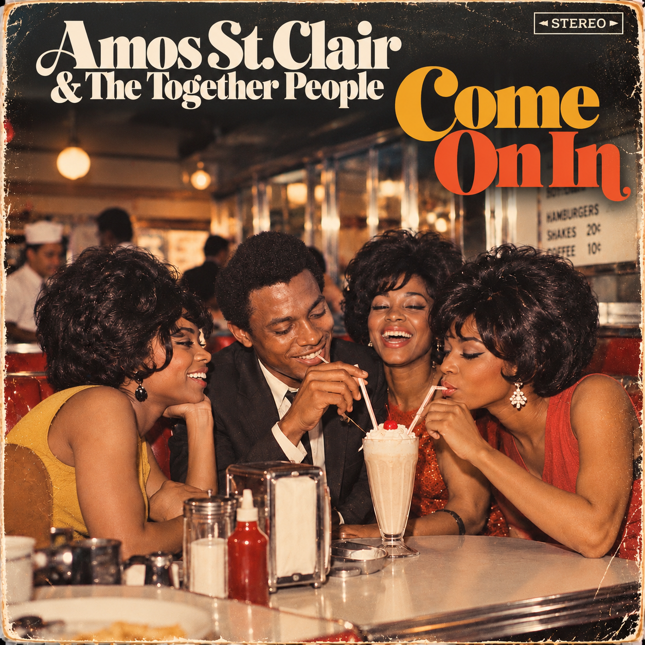 Come On In album cover, showing Amos St. Clair and The Together People sharing a booth in a retro diner.