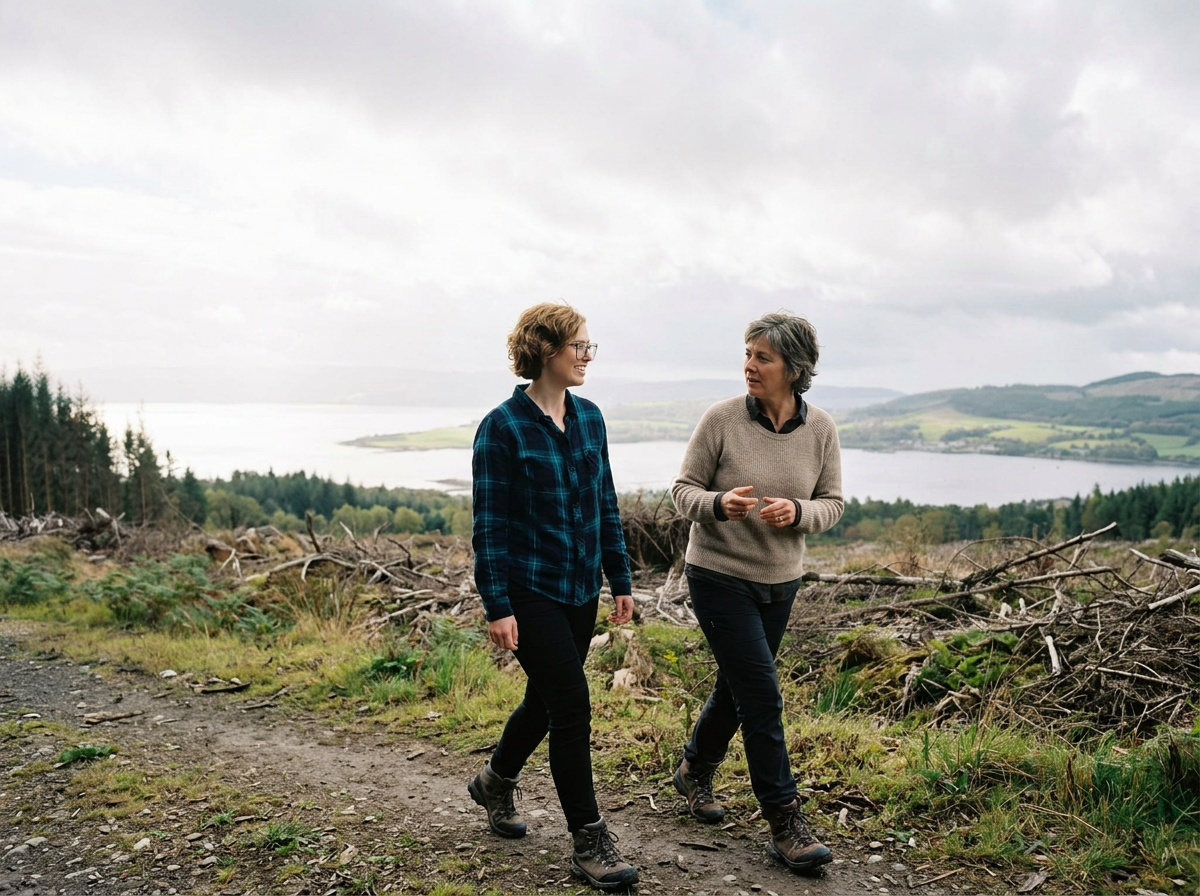 Two women walking and talking outdoors on a trail with river and hills in the background.