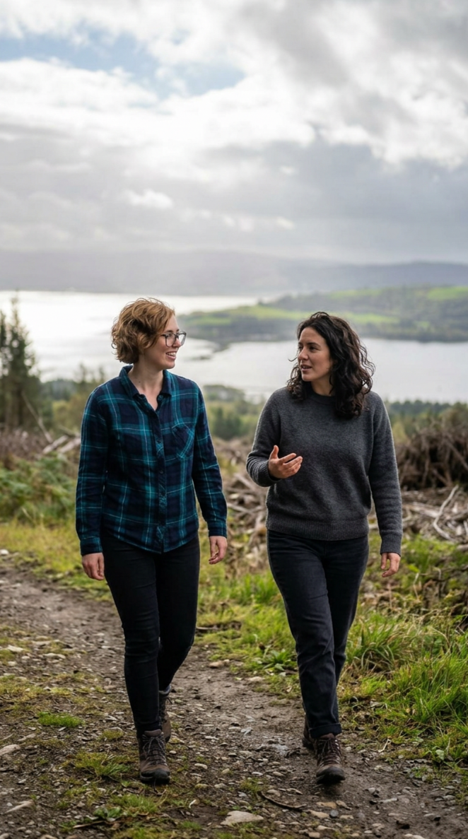 Two women walking and talking outdoors along a dirt trail overlooking a lake and mountains under a partly cloudy sky.