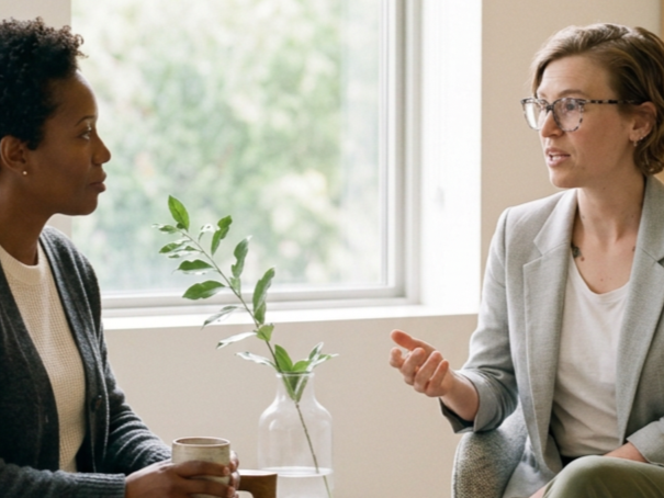 Two women having a conversation in a room with a window, holding cups, with a vase of green leaves on the table between them.