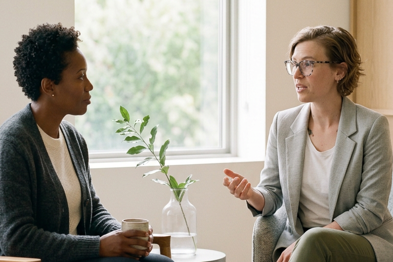 Two women having a serious conversation in a bright room, one holding a cup, with a potted plant on the table between them.