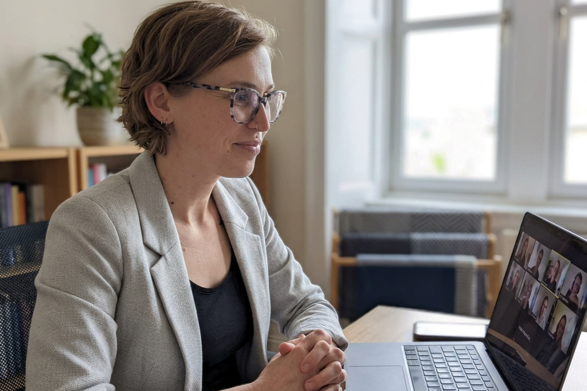 A woman with short hair, glasses, and wearing a beige blazer, participates in a video conference call on her laptop in a well-lit room with a bookshelf and large windows in the background.