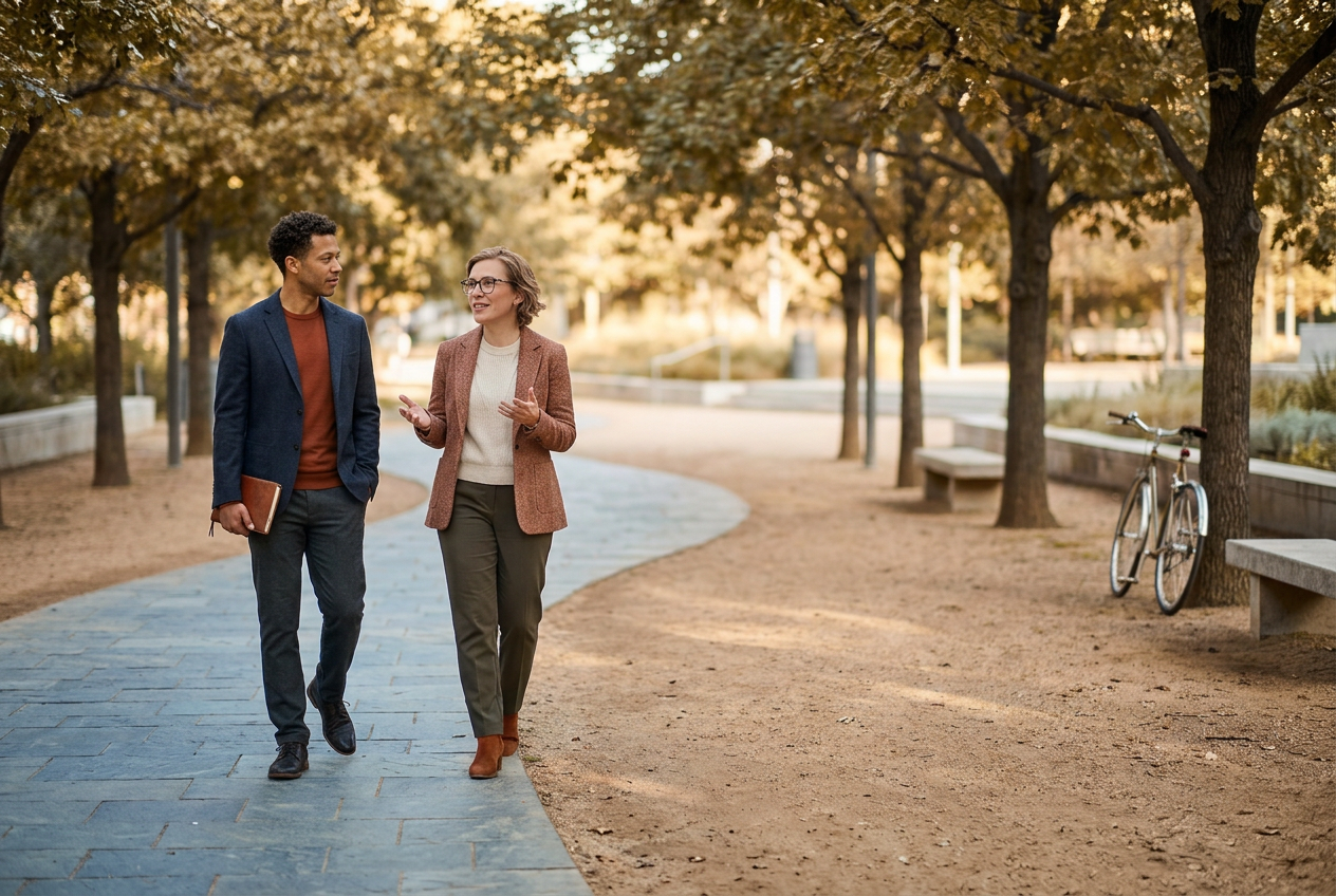 Two people walking and having a conversation in a park during autumn, with trees, benches, a bicycle, and a curved pathway.