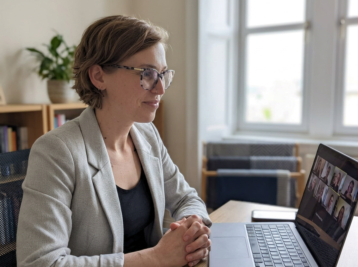 A woman with short brown hair, glasses, and earrings participates in a video call on her laptop in a bright room with a window, bookshelves, and a potted plant in the background.
