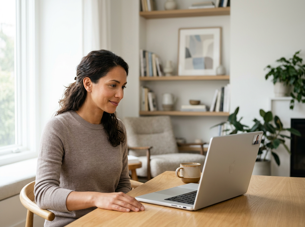 A woman sitting at a wooden table looking at her laptop screen, with a coffee mug nearby, in a cozy, well-lit home office or living room.