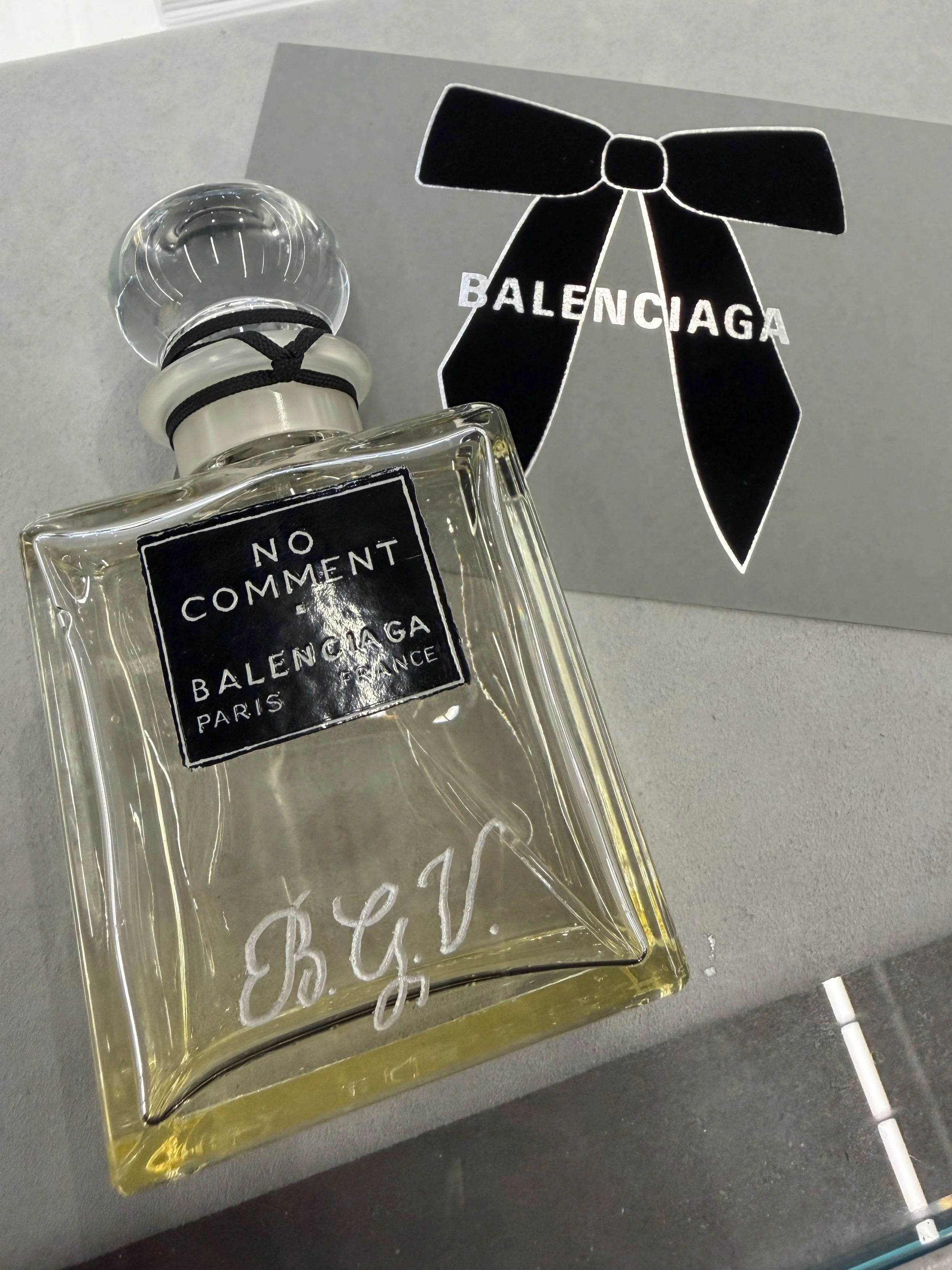 Balenciaga parfum bottle engraved by hand by Gaia Amsterdam