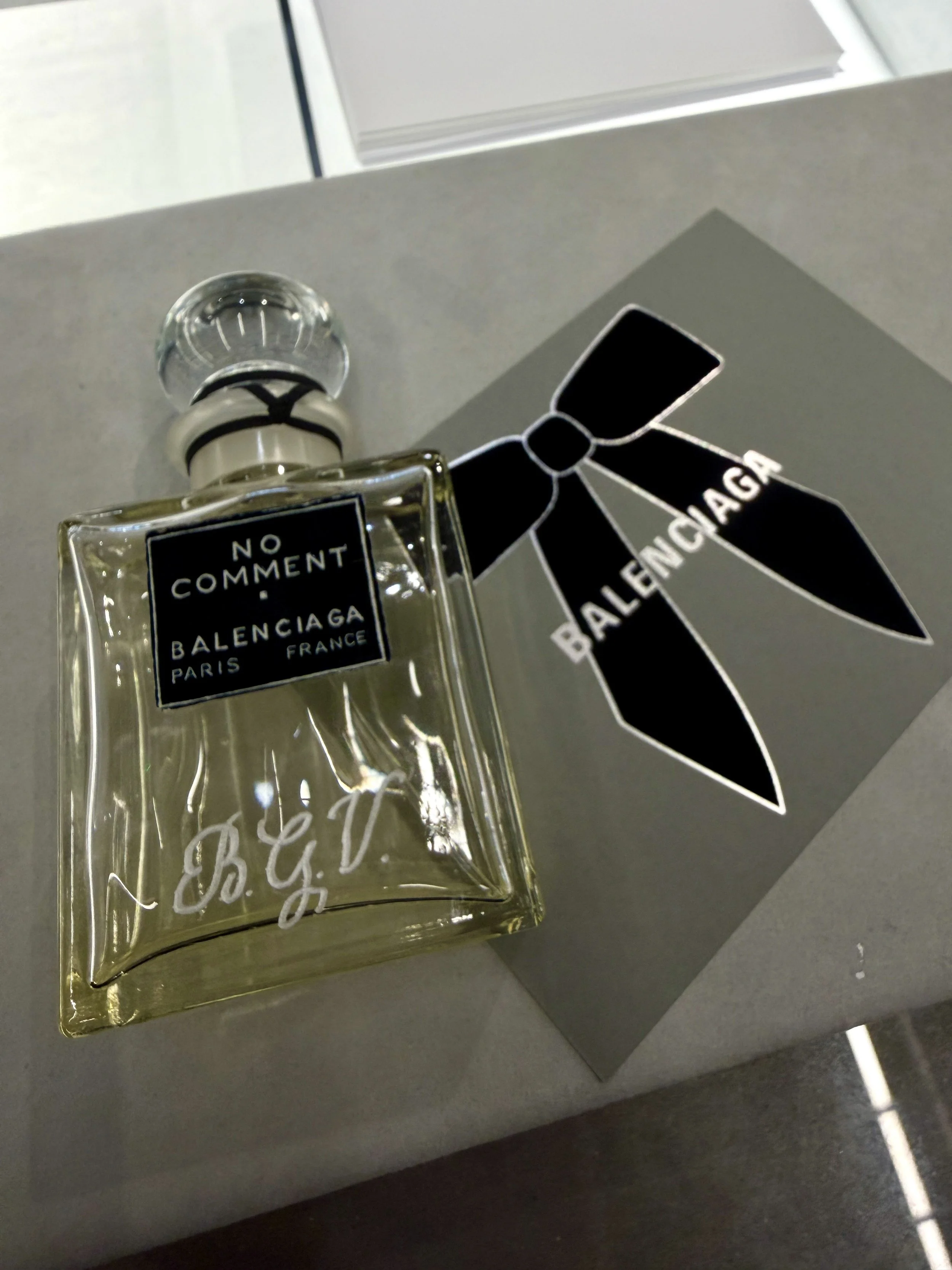 Engraved Balenciaga parfums by Gaia amsterdam