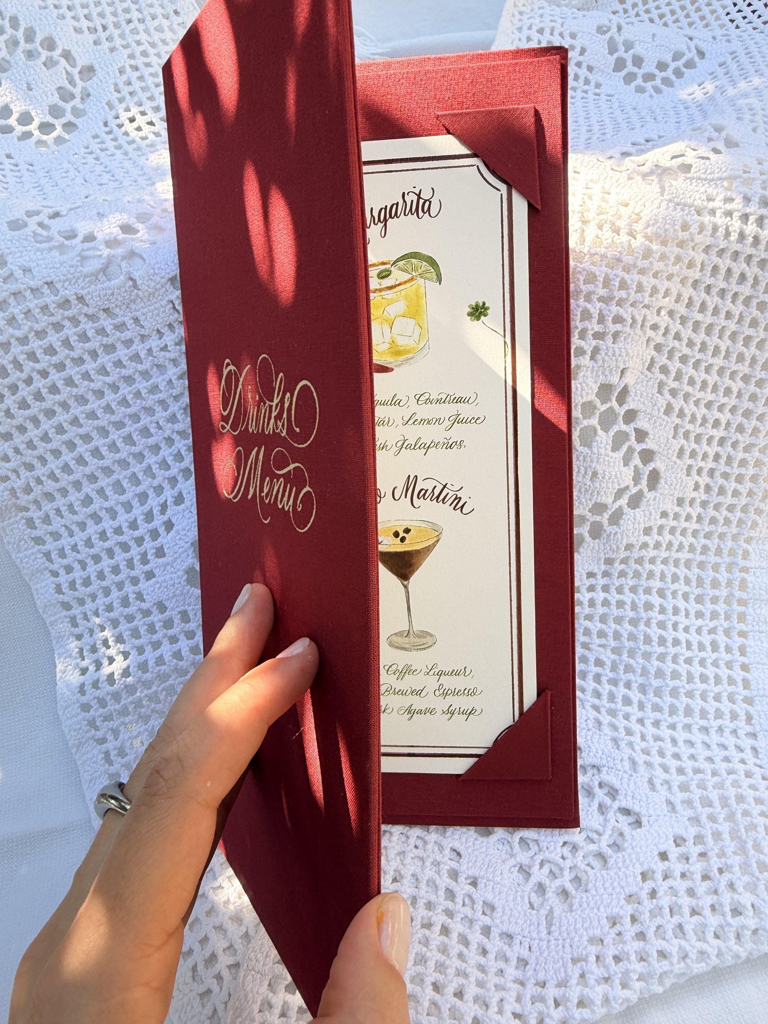 Bespoke wedding drinks menu designed by Gaia Amsterdam for Olivia Buckley International