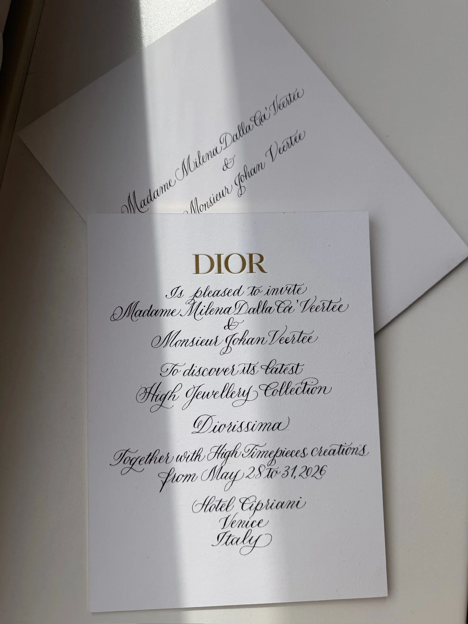 Dior Calligraphy PR for invitation for a event at Hotel Cipriani in Venice.