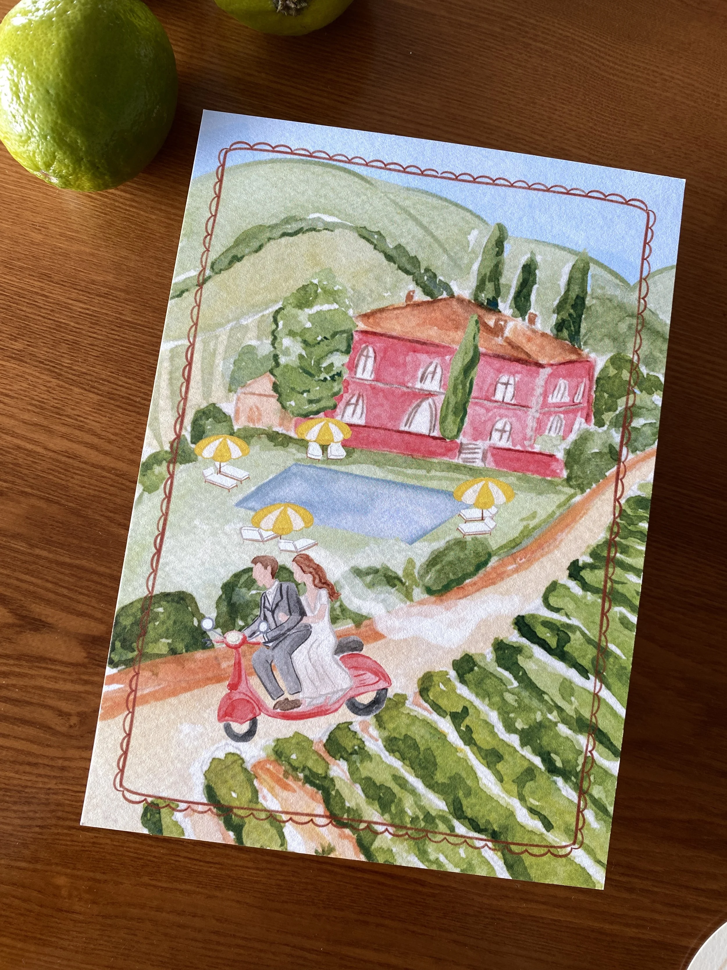 Tuscany wedding scene bespoke watercolor for a wedding invitation suite by Gaia Amsterdam