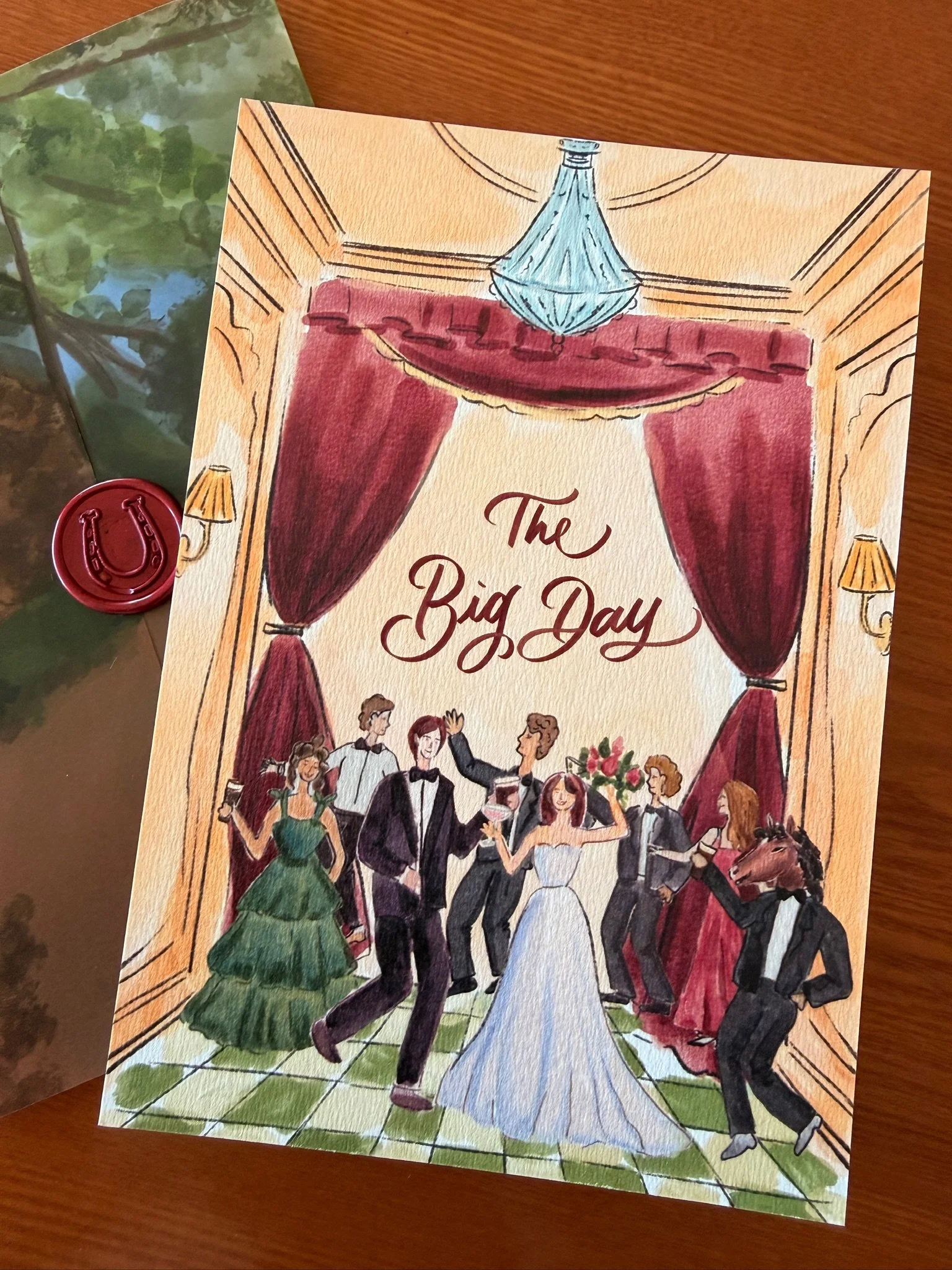 A colorful illustration titled "The Big Day" depicts a wedding scene inside a room with a chandelier, curtains, and lamps. The bride and groom are dancing with guests surrounding them, and a horse is part of the celebration.
