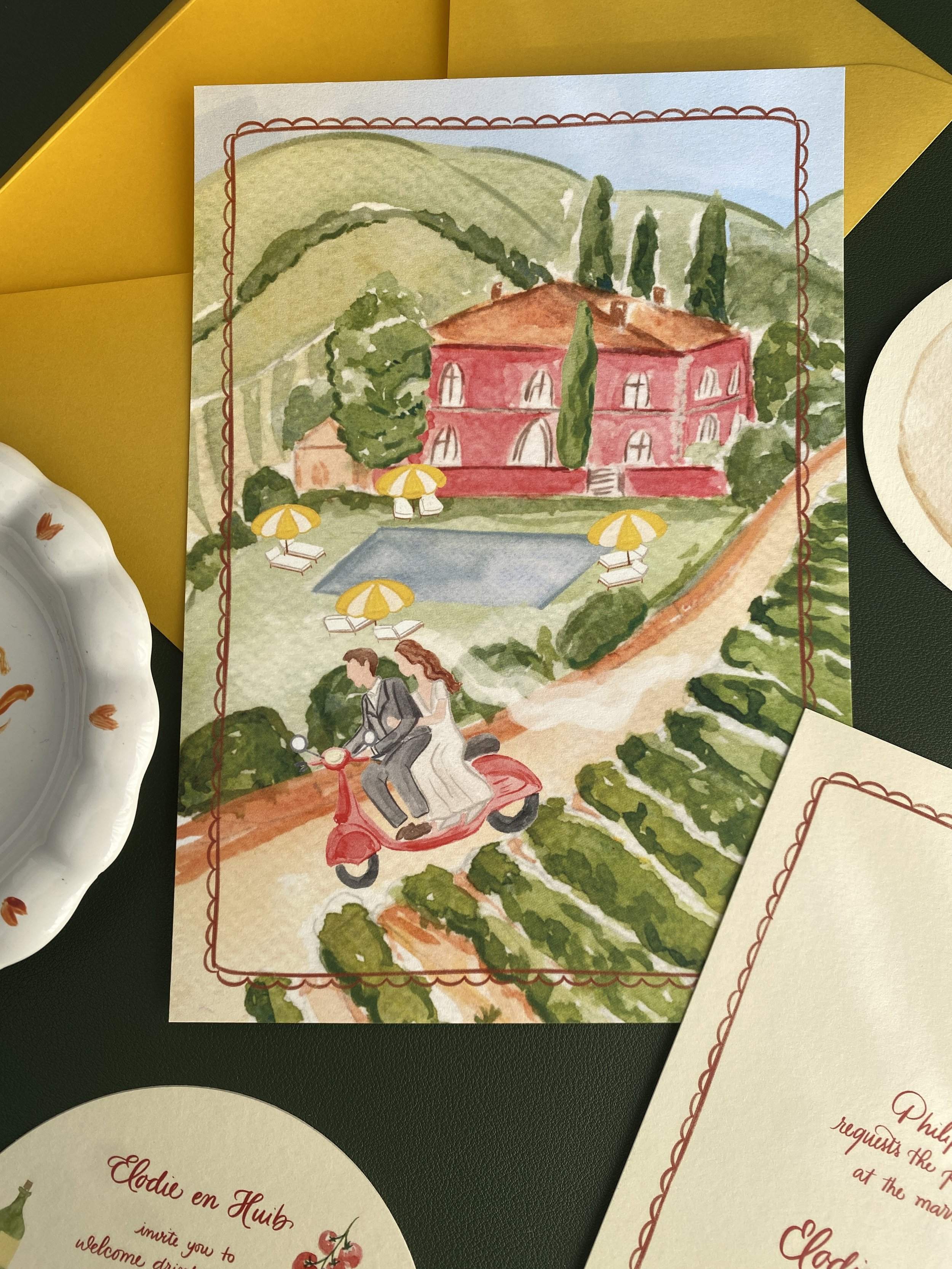 Original watercolour illustration created for bespoke Italian wedding stationery