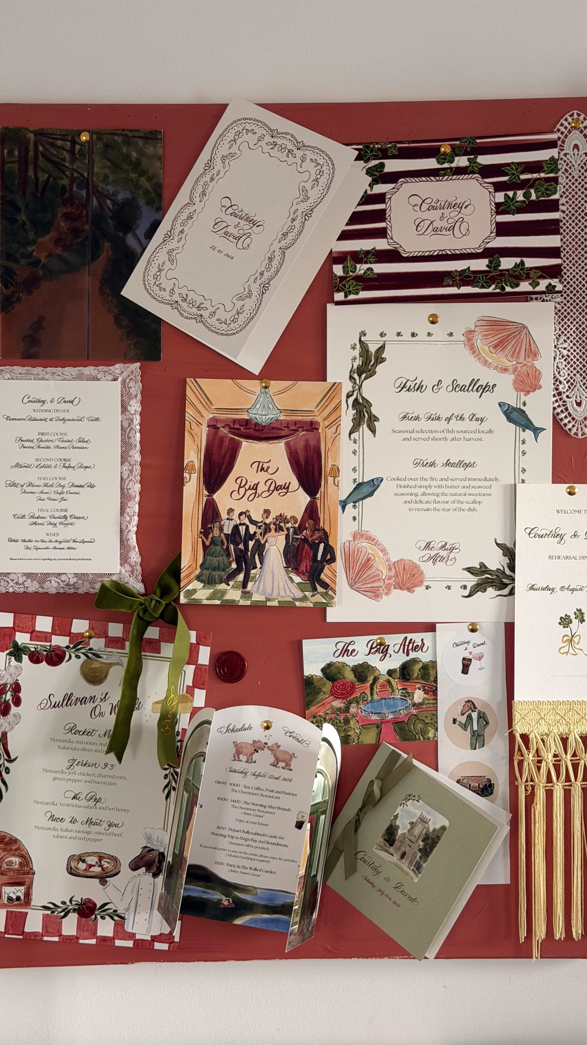 Wedding reception flyer and menu on a red bulletin board