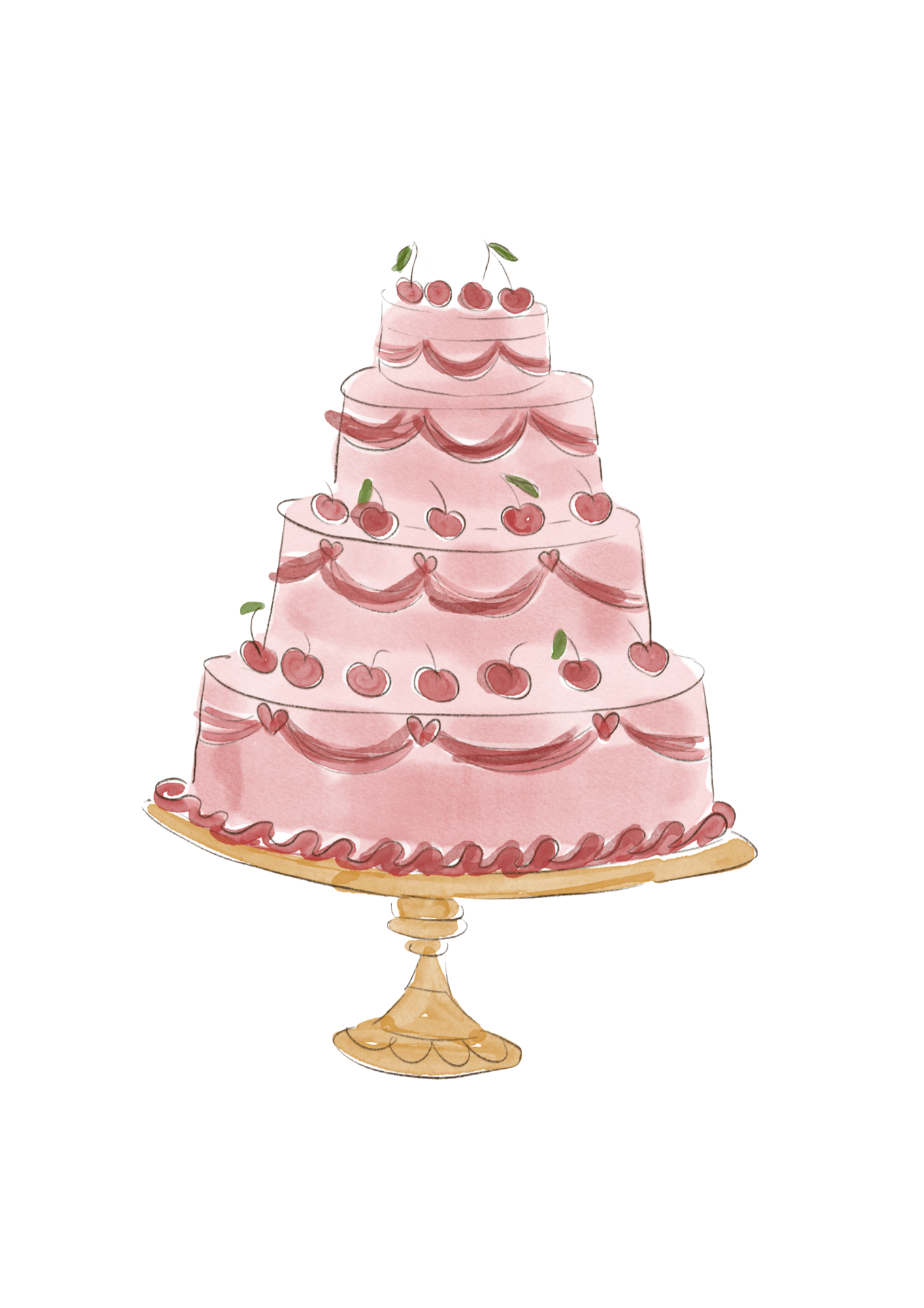 A multi-tiered pink cake decorated with cherries and green leaves, displayed on a gold stand.
