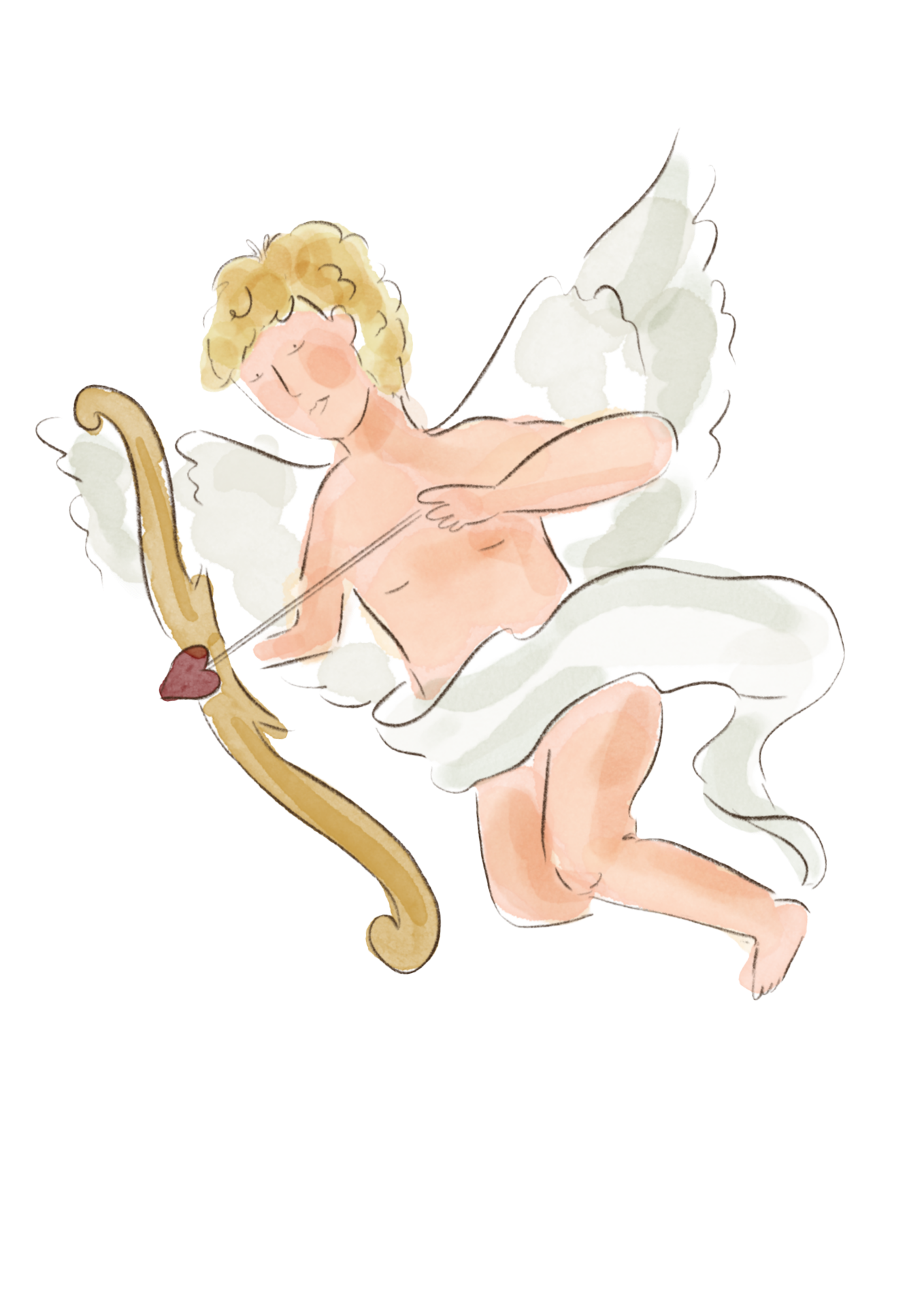 Watercolor illustration of a cherub with curly blond hair, white wings, holding a bow, and shooting an arrow, with a faint cloud in the background.