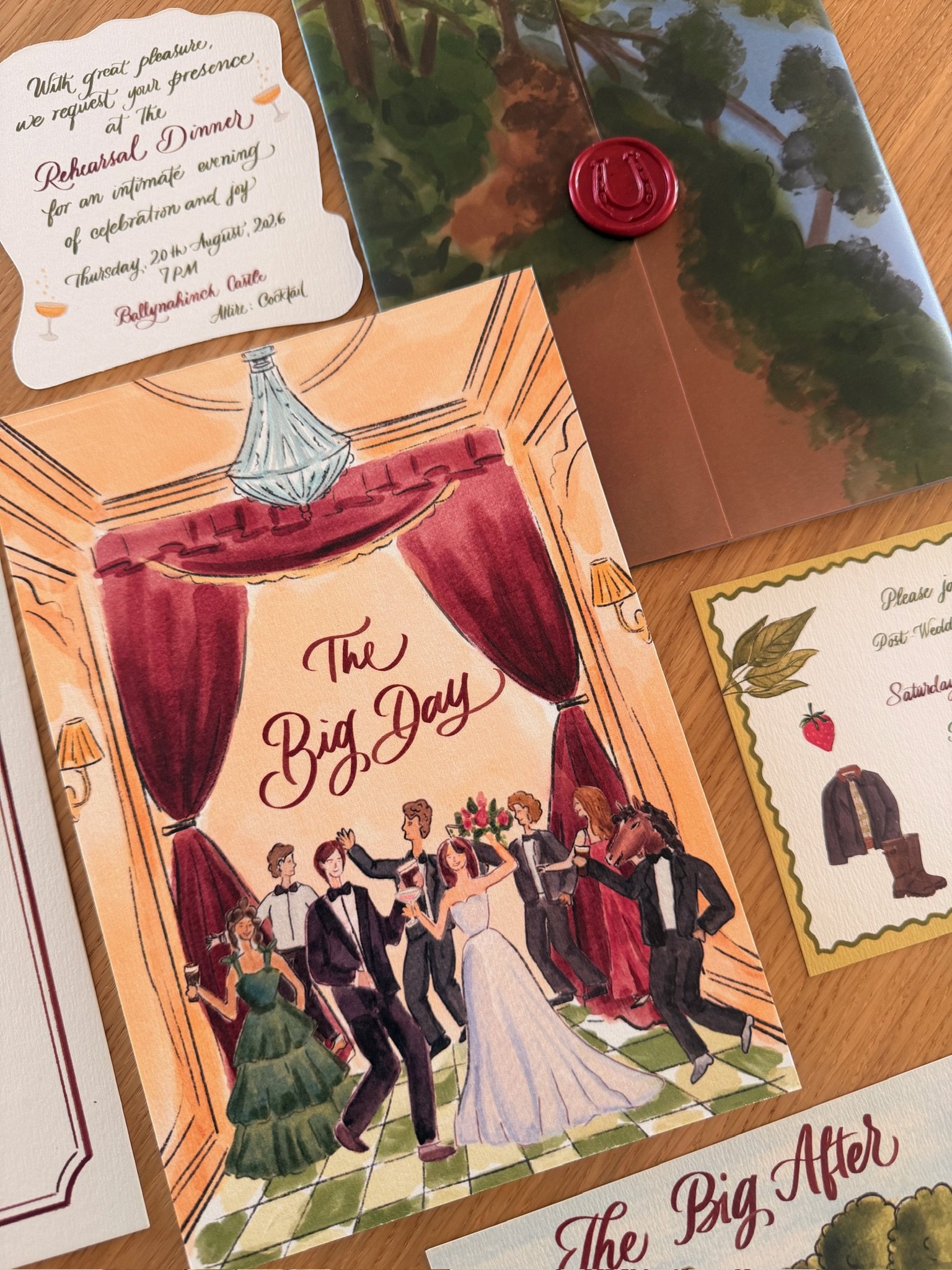 Invitation card for a rehearsal dinner titled 'The Big Day'. The card features an illustration of a wedding party dancing in a grand room with ornate drapery, a chandelier, and guests holding wine glasses. The background shows a warm, orange-toned in