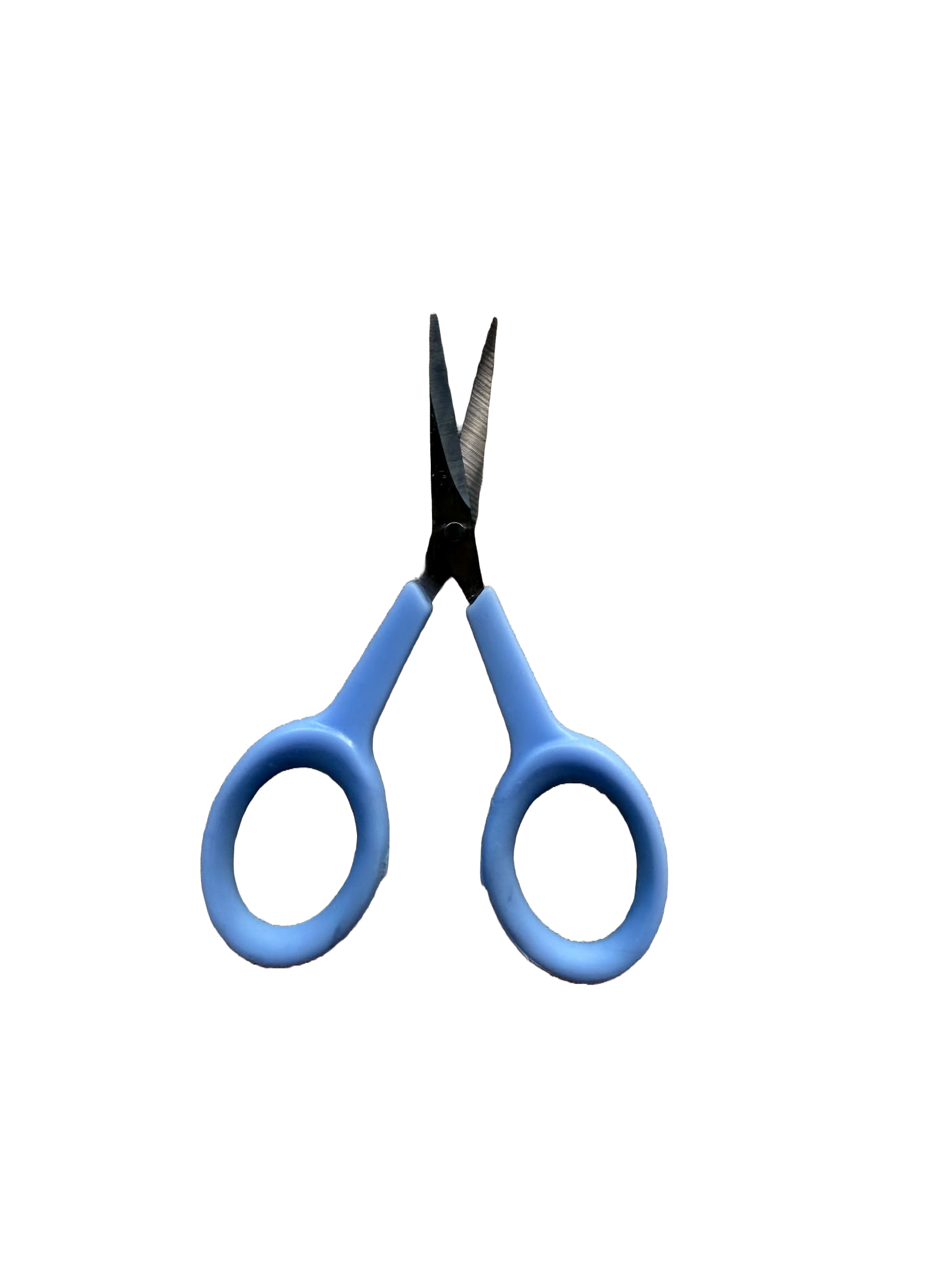 A pair of blue-handled scissors pointing downward against a plain background.