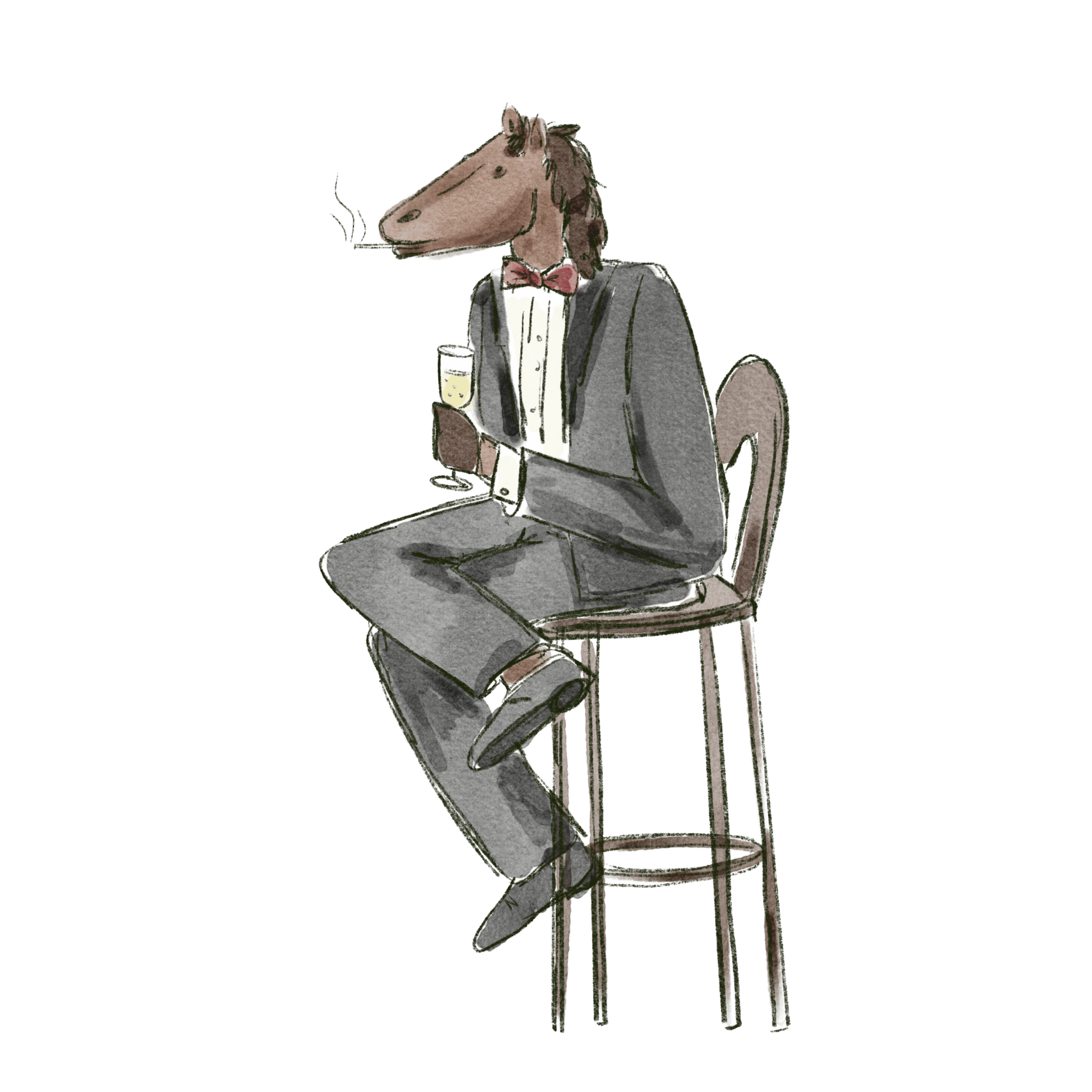 A bespole illustration of a horse with a human body dressed in a tuxedo, sitting on a chair, holding a glass of champagne made by Gaia Amsterdam